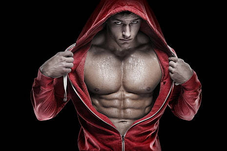 bodybuilder, red hoodie, defined abs, SD Desktop Wallpaper