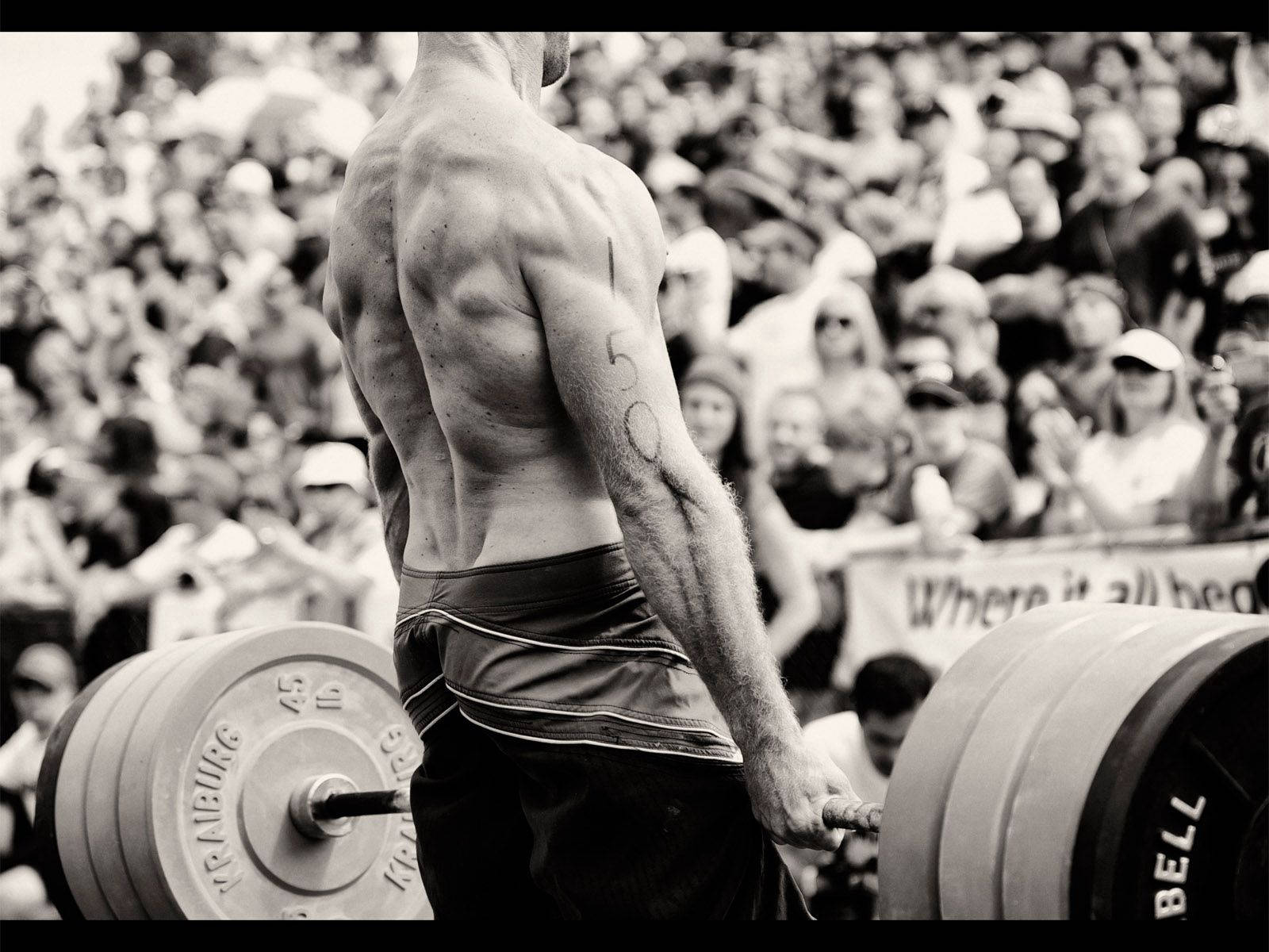 Monochrome Man, barbell, crowded arena, HD Desktop Wallpaper