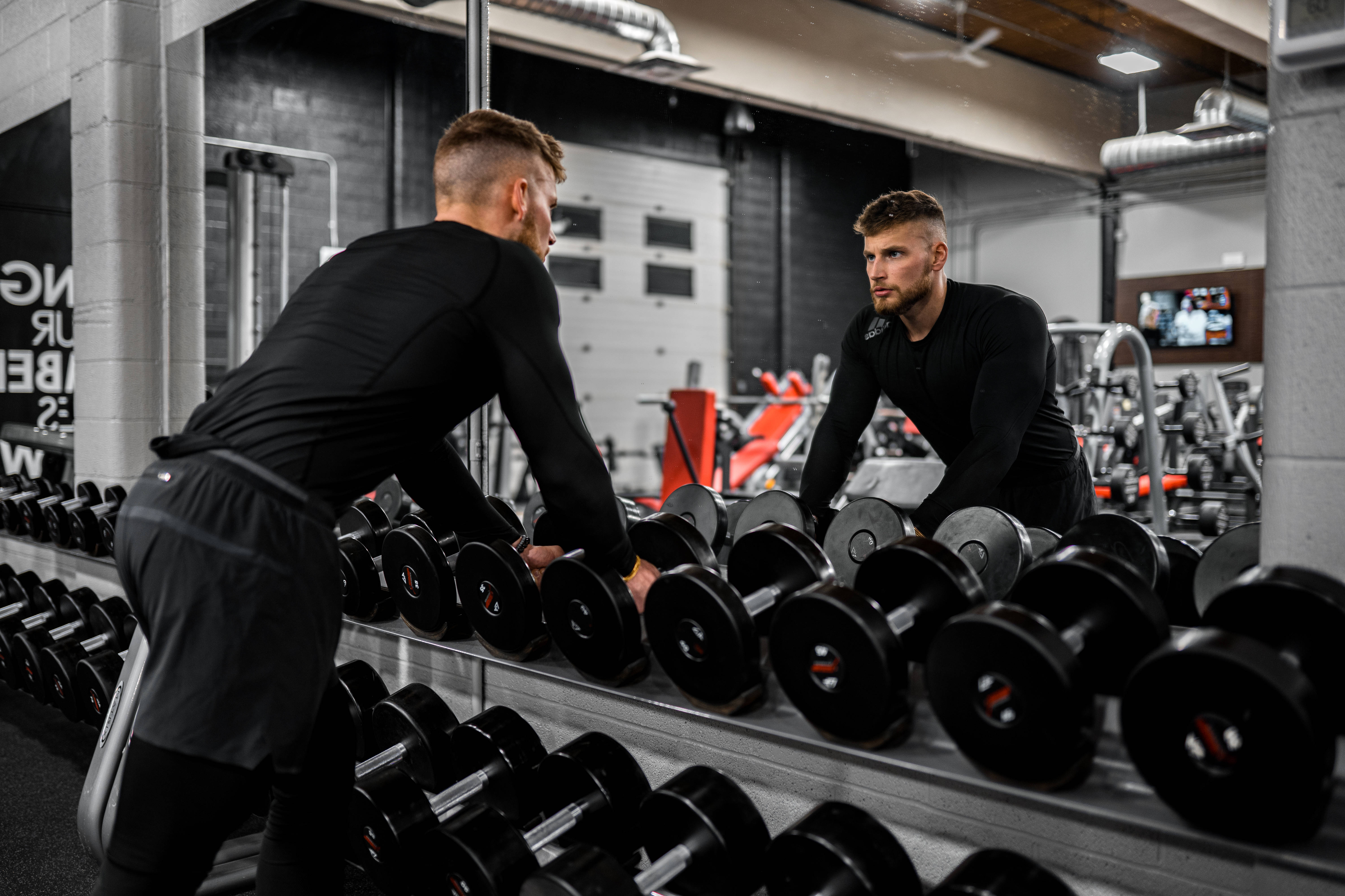 man in black, gym, dumbbells, 5K Desktop Wallpaper