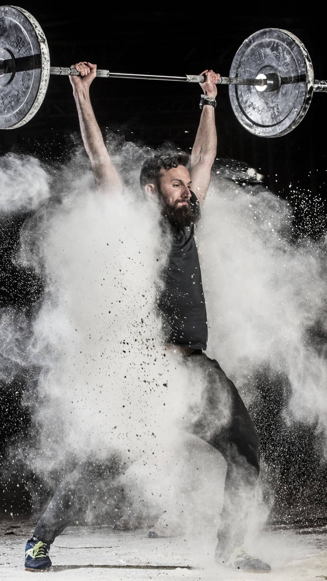 barbell, bearded man, white powder, Full HD Phone Wallpaper