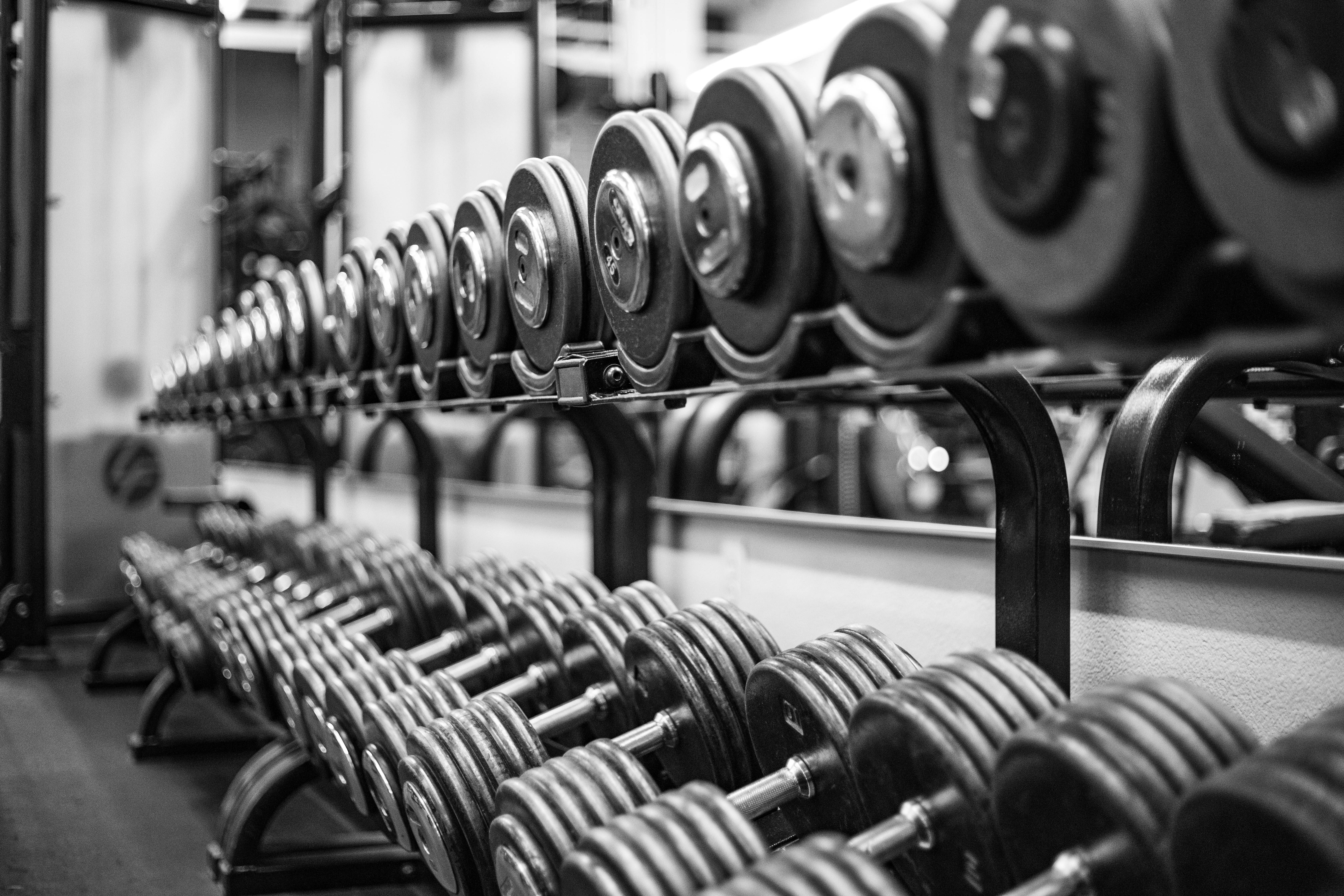 grayscale dumbbells, weightlifting, gym, 5K Desktop Wallpaper