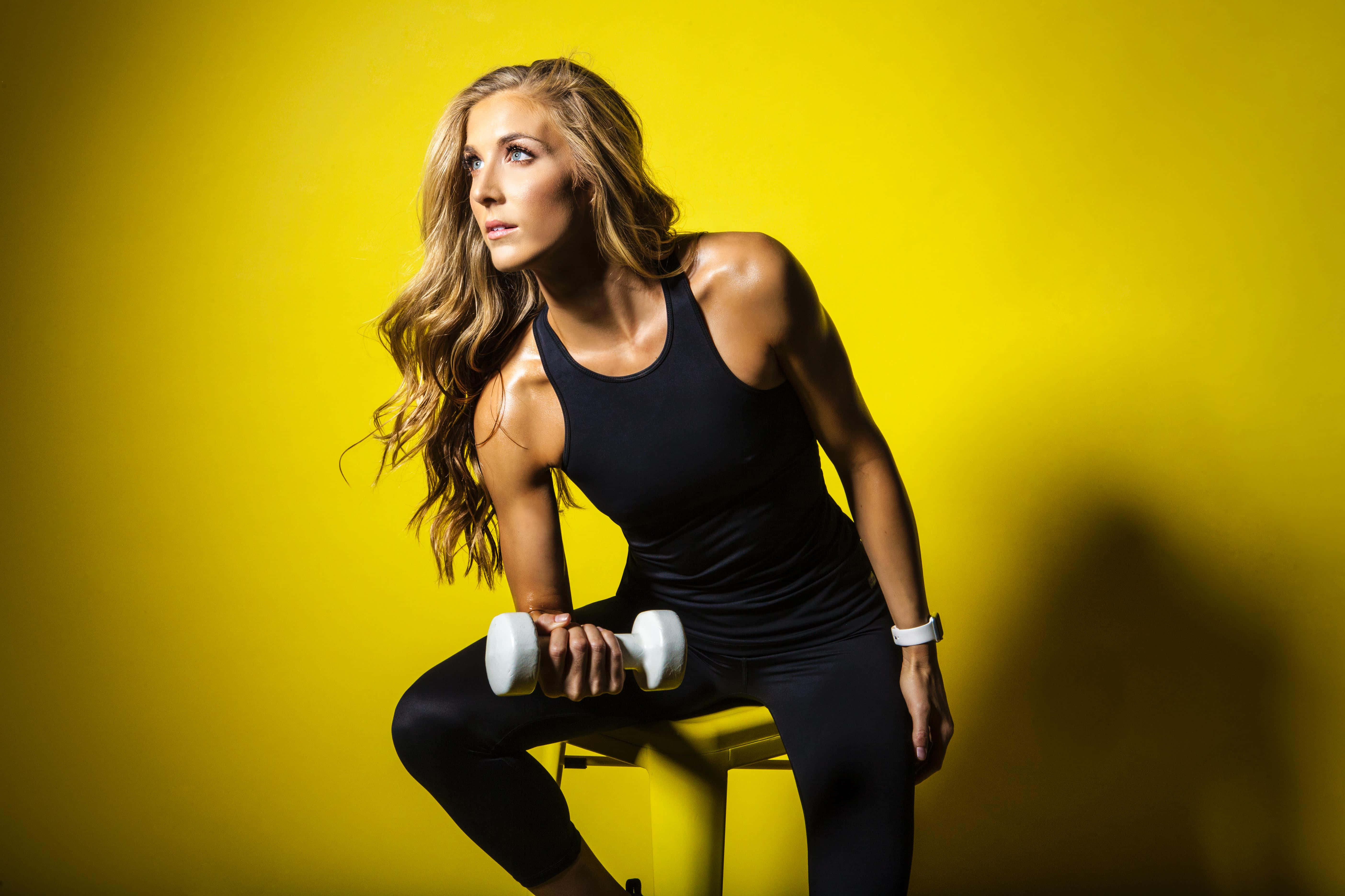 dumbbell, black workout gear, yellow stool, 5K Desktop Wallpaper