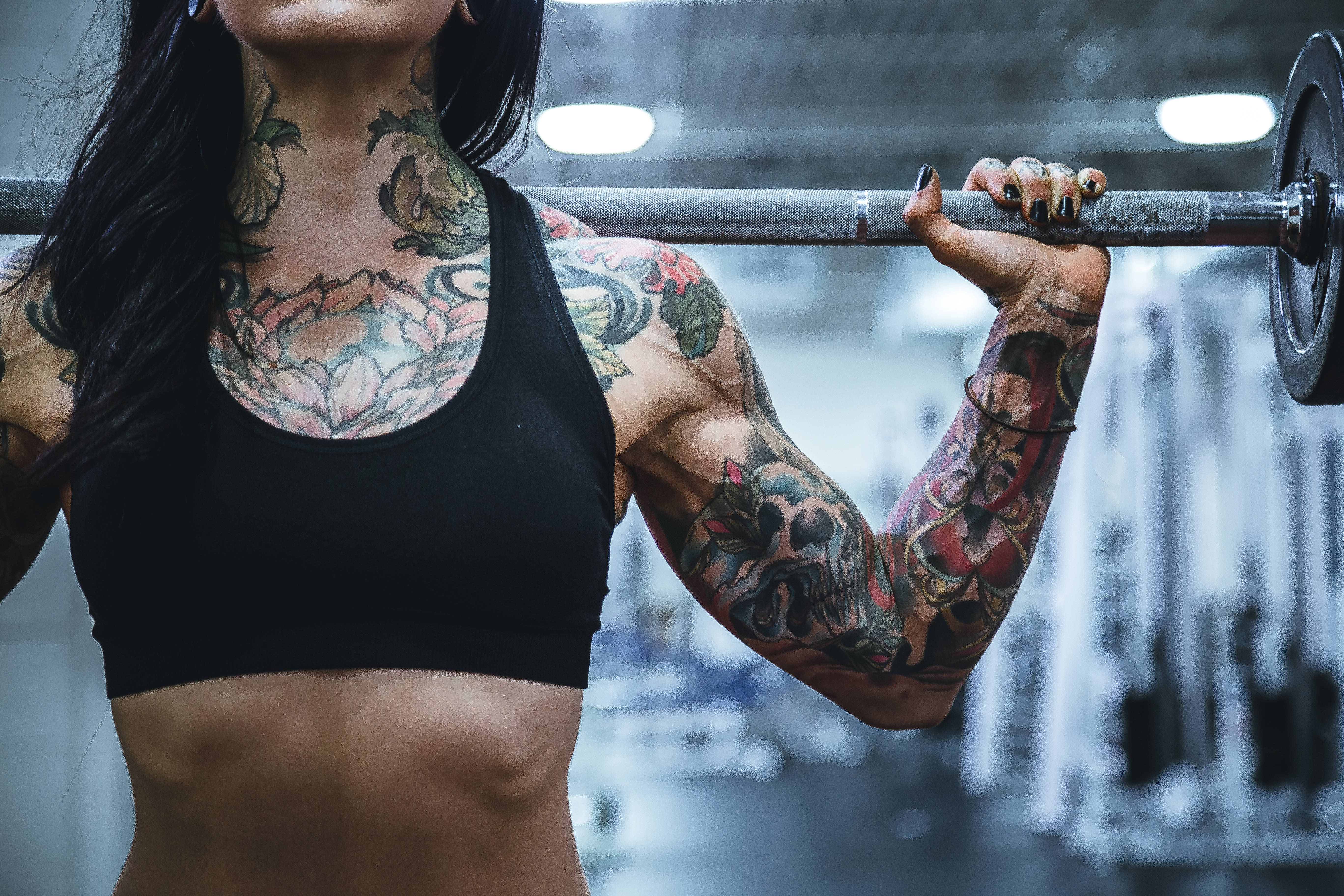 tattooed lady, barbell, gym, 5K Desktop Wallpaper