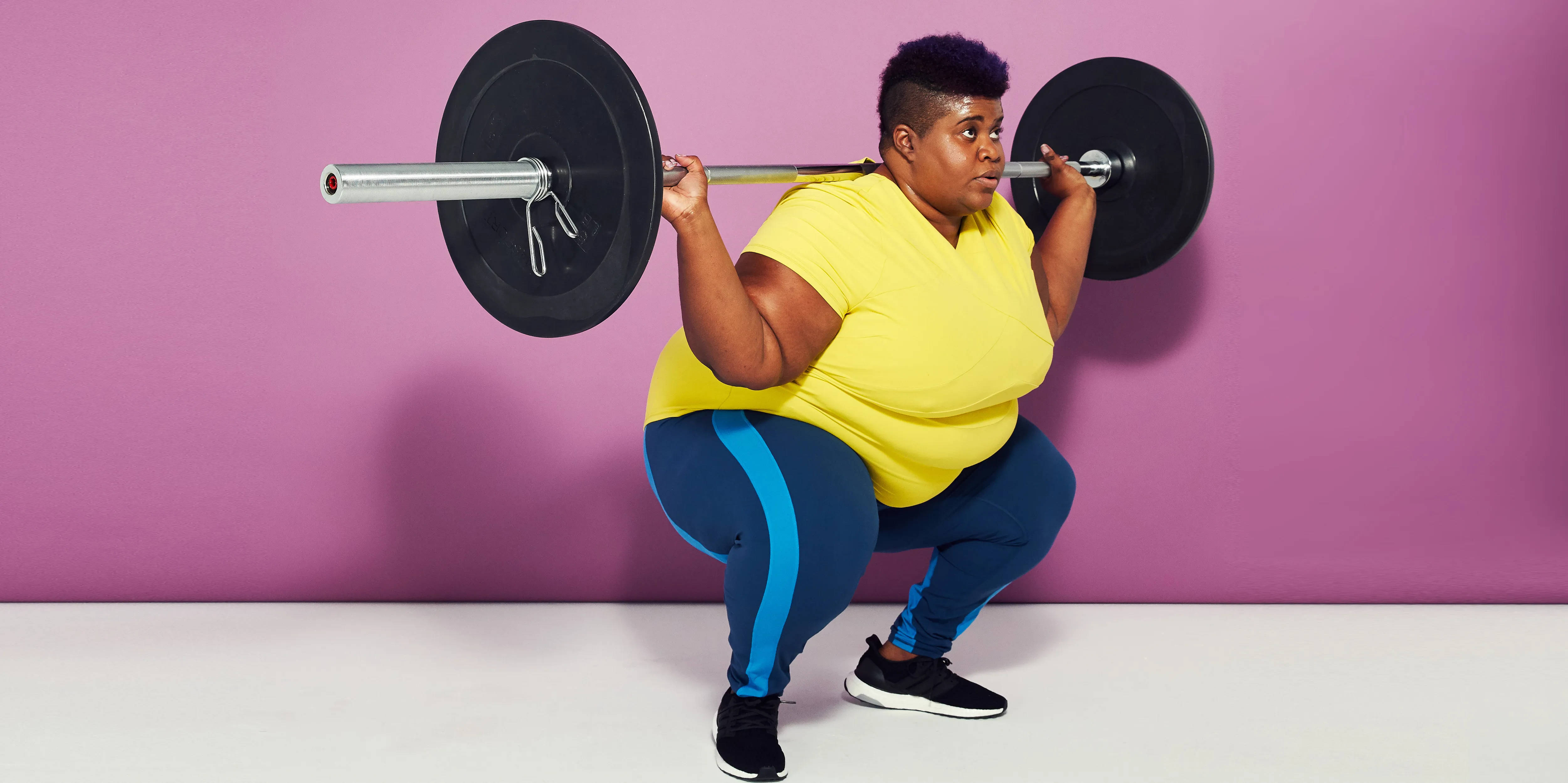 purple hair, vibrant pink studio backdrop, barbell, 4K Desktop Wallpaper