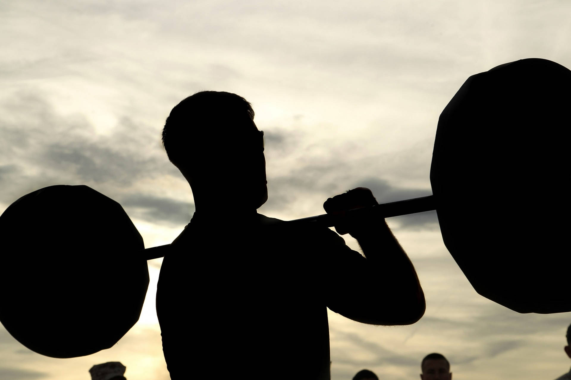 man, barbell, cloudy sunset sky, Full HD Desktop Wallpaper