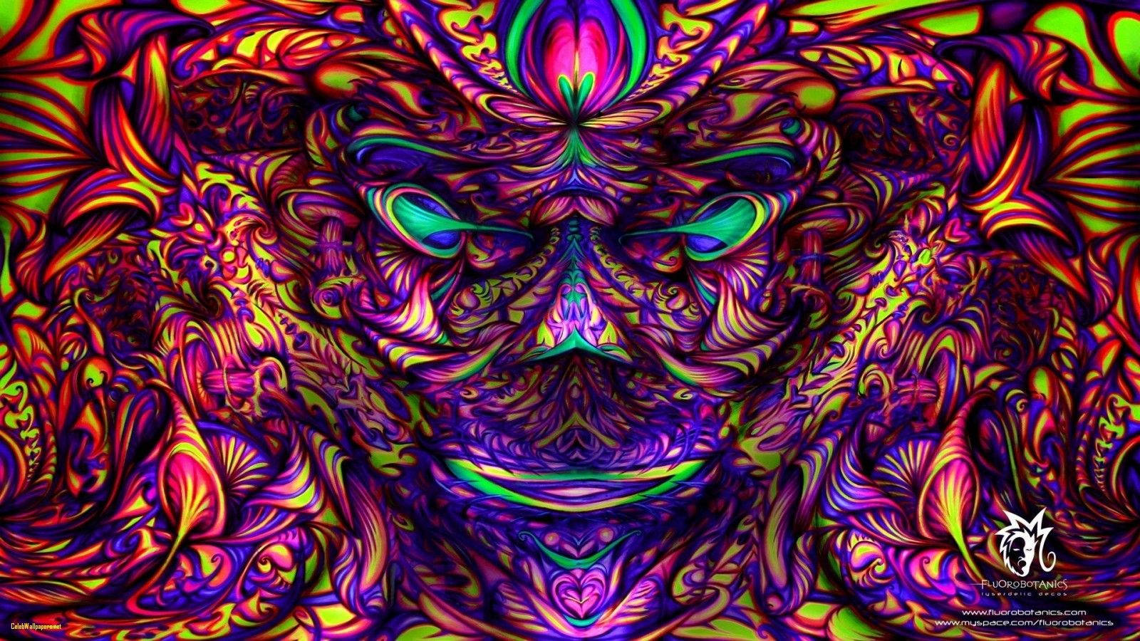 symmetrical face, glowing neon colors, intricate fractal patterns, HD Desktop Wallpaper