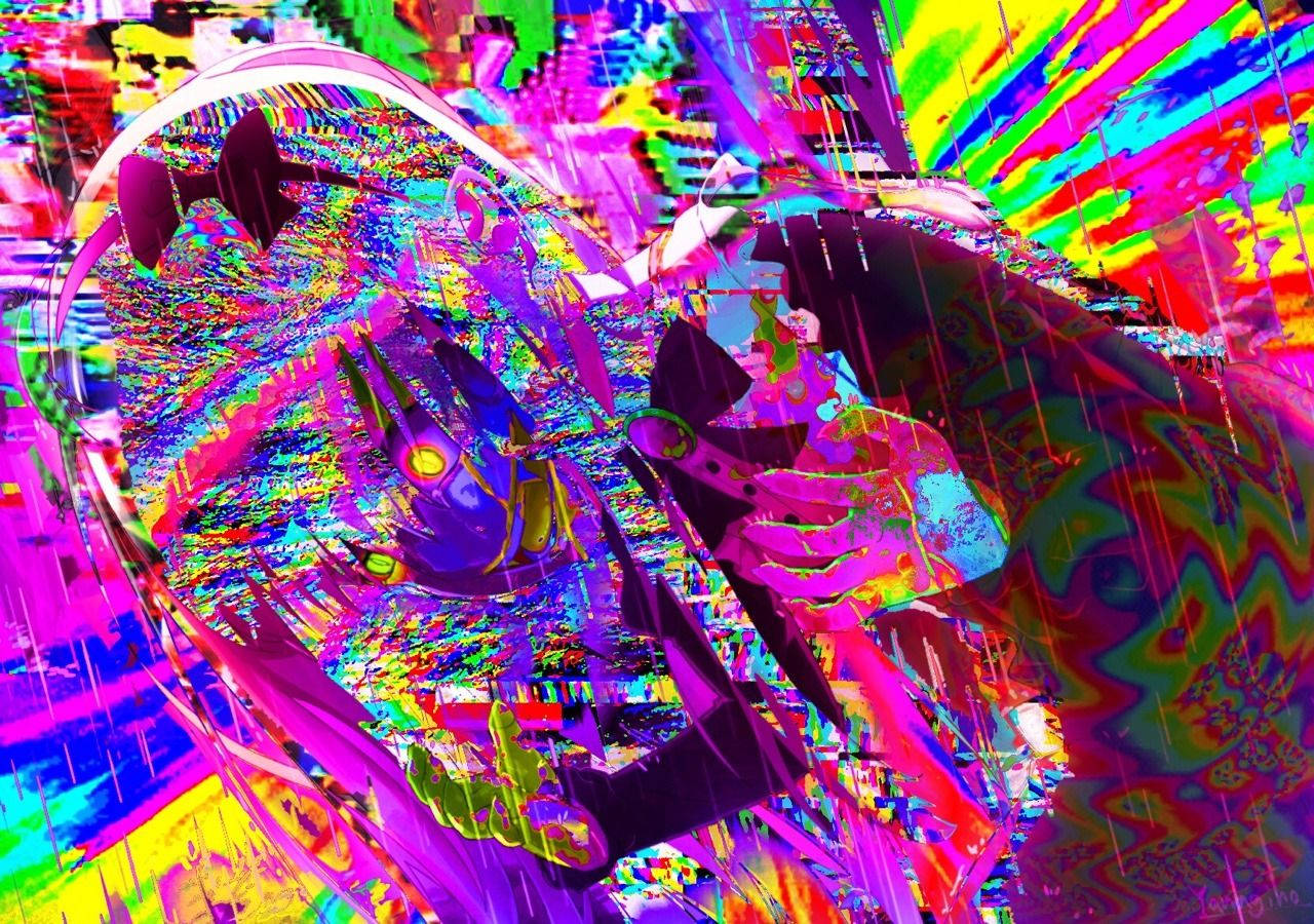glitchcore, glitch-art anime girl, glowing eyes, HD Desktop Wallpaper