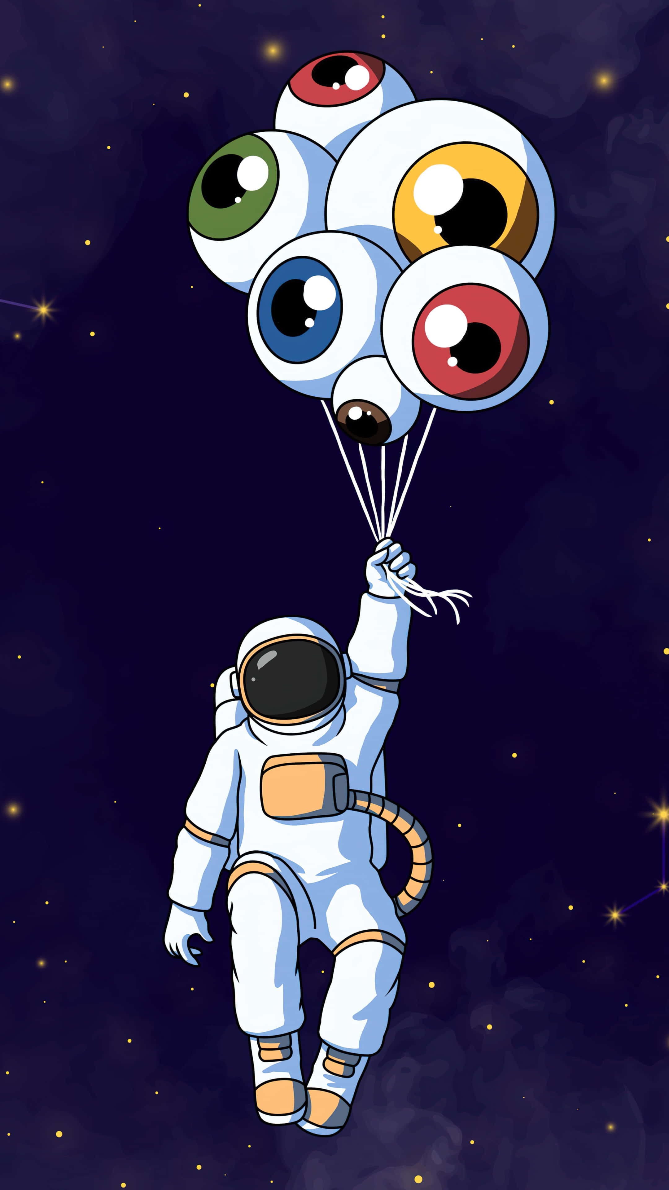 astronaut, balloons shaped like colorful cartoon eyes, starry night sky, 4K Phone Wallpaper