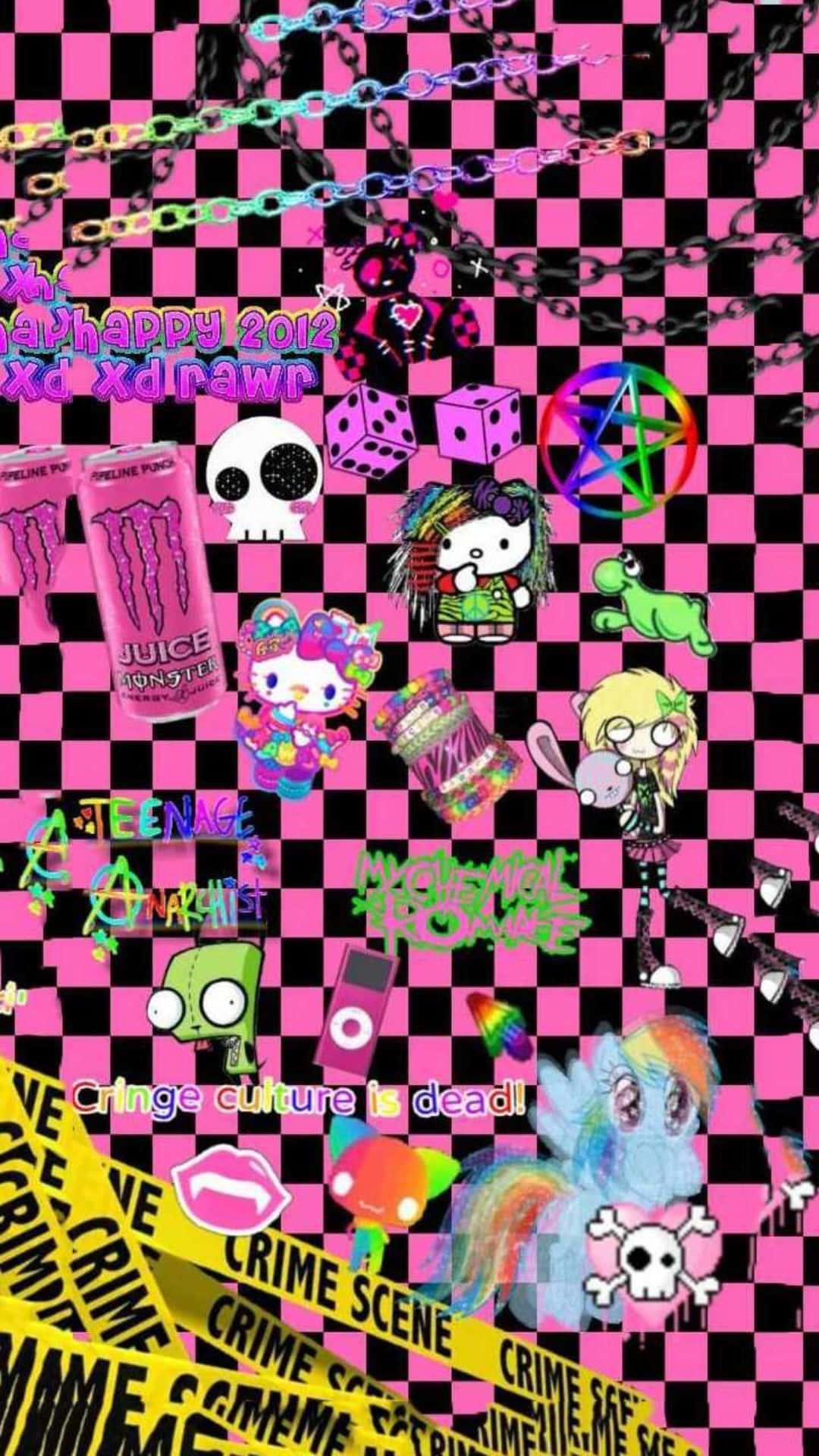 Weirdcore Collage Aesthetic, pink and black checkered, neon chains, Full HD Phone Wallpaper