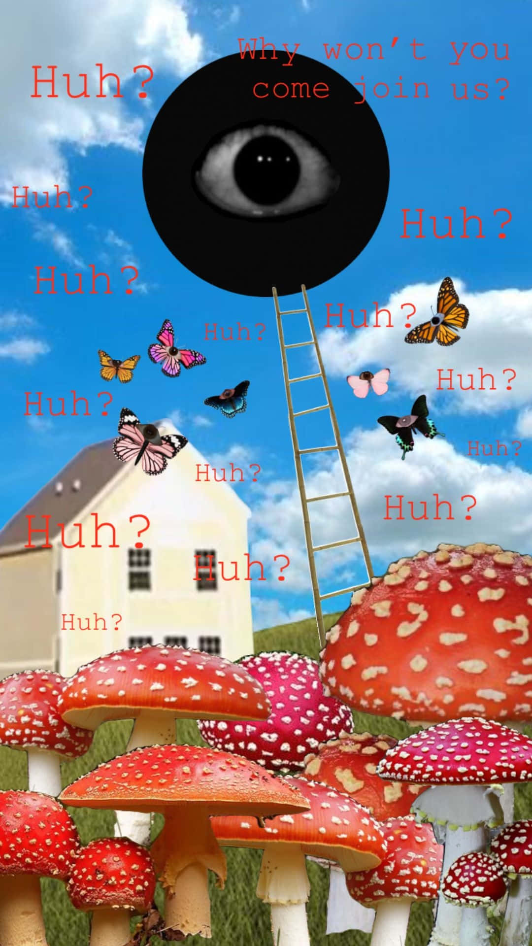 Weirdcore, giant red mushrooms, floating eye, Full HD Phone Wallpaper