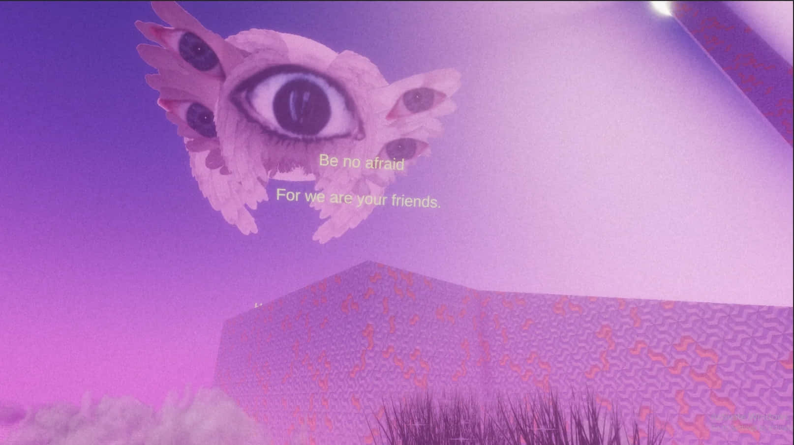 Weirdcore, surreal purple sky, large winged creature, HD Desktop Wallpaper