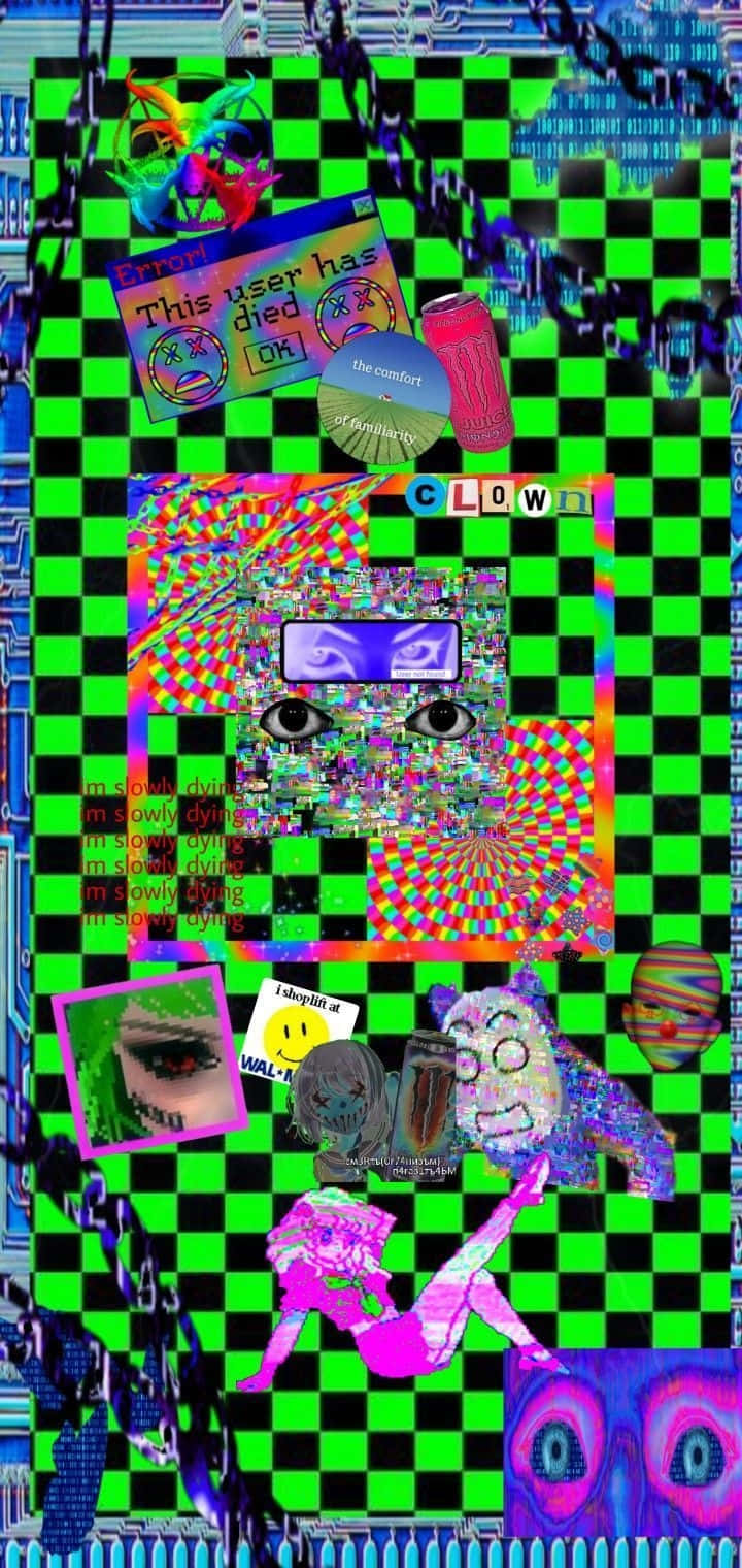 Weirdcore Digital Collage, green and black checkered background, glitch art eyes, HD Phone Wallpaper