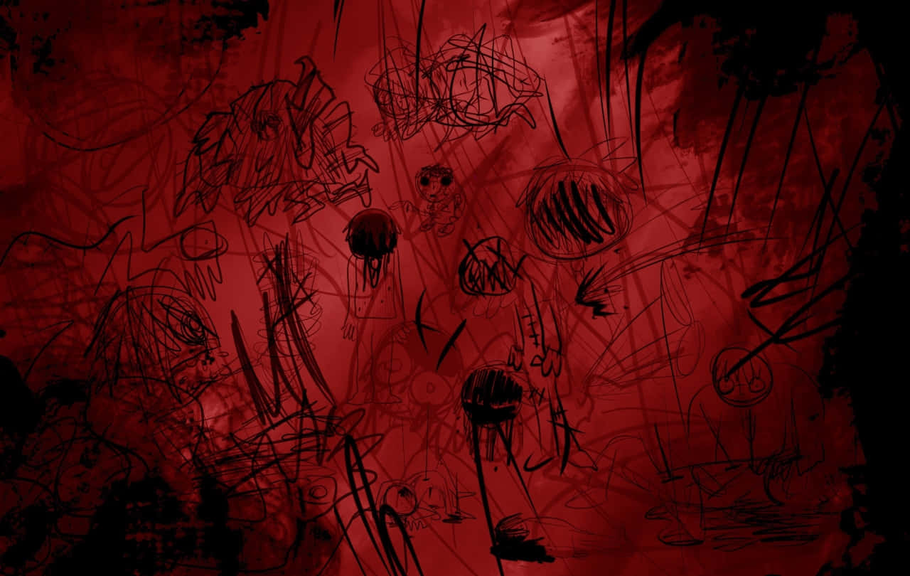 red abstract weirdcore, dark red textured background, chaotic black scribbles, HD Desktop Wallpaper