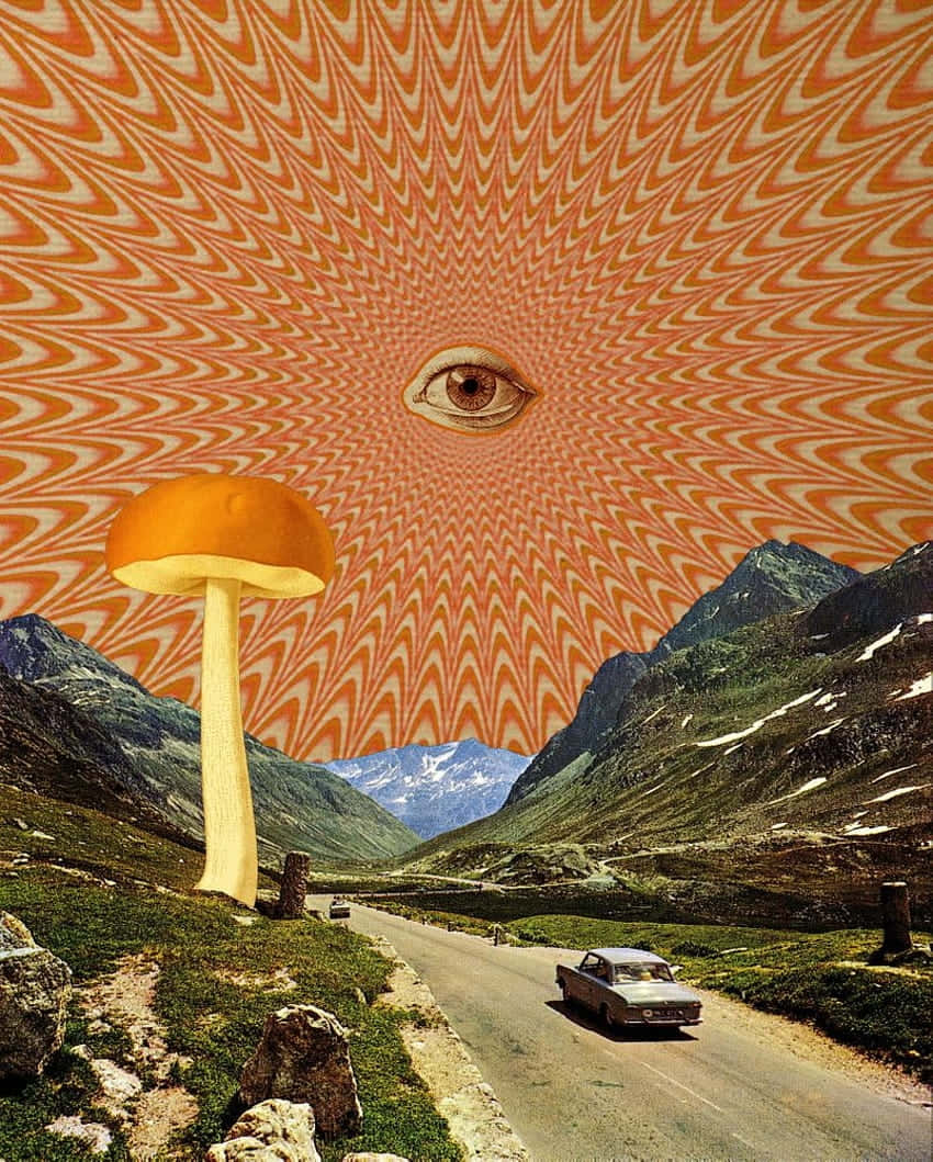 Weirdcore Mountain Eye, giant orange mushroom, all-seeing eye, SD Phone Wallpaper