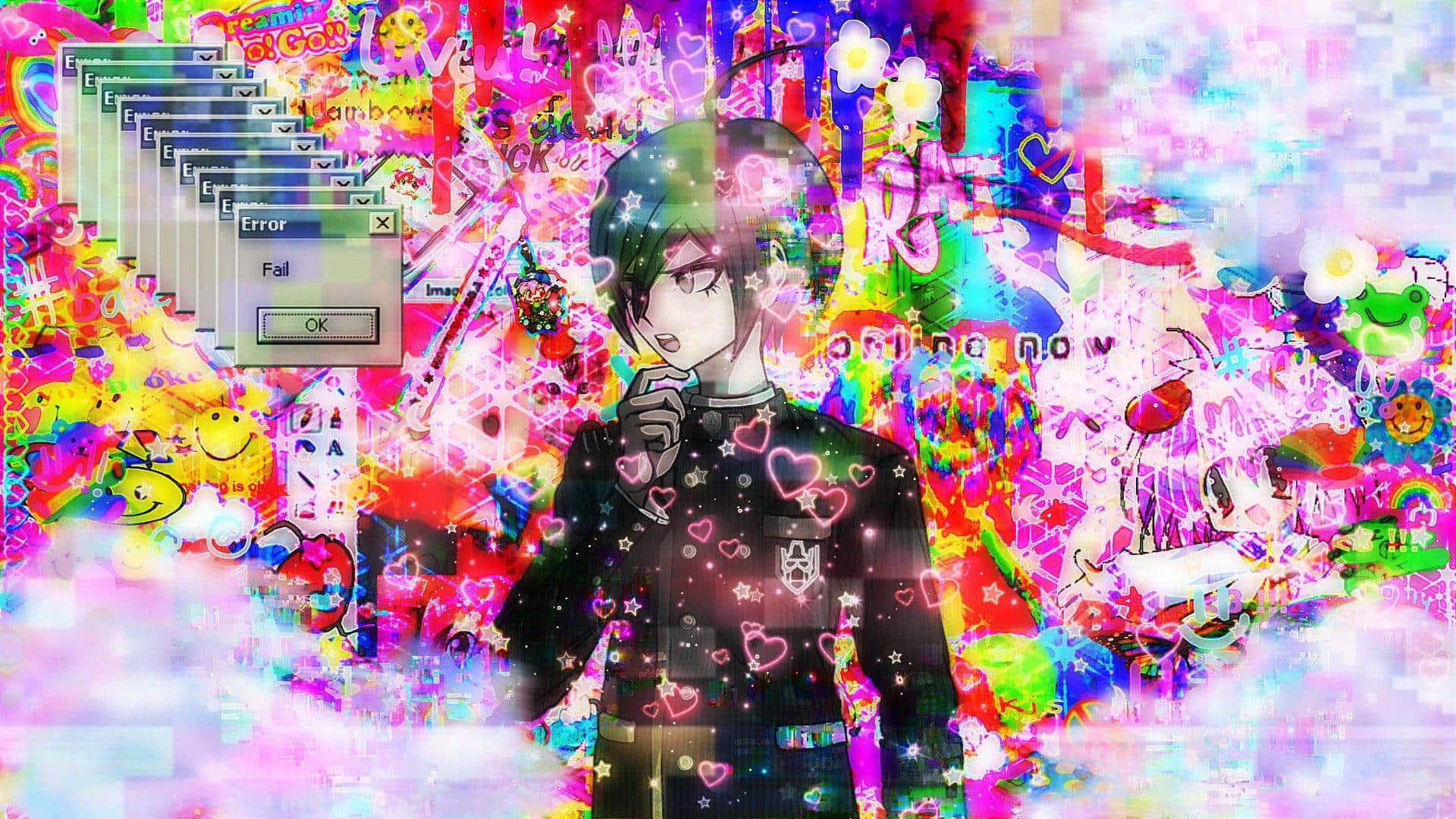 glitch, anime character, dark uniform, Full HD Desktop Wallpaper