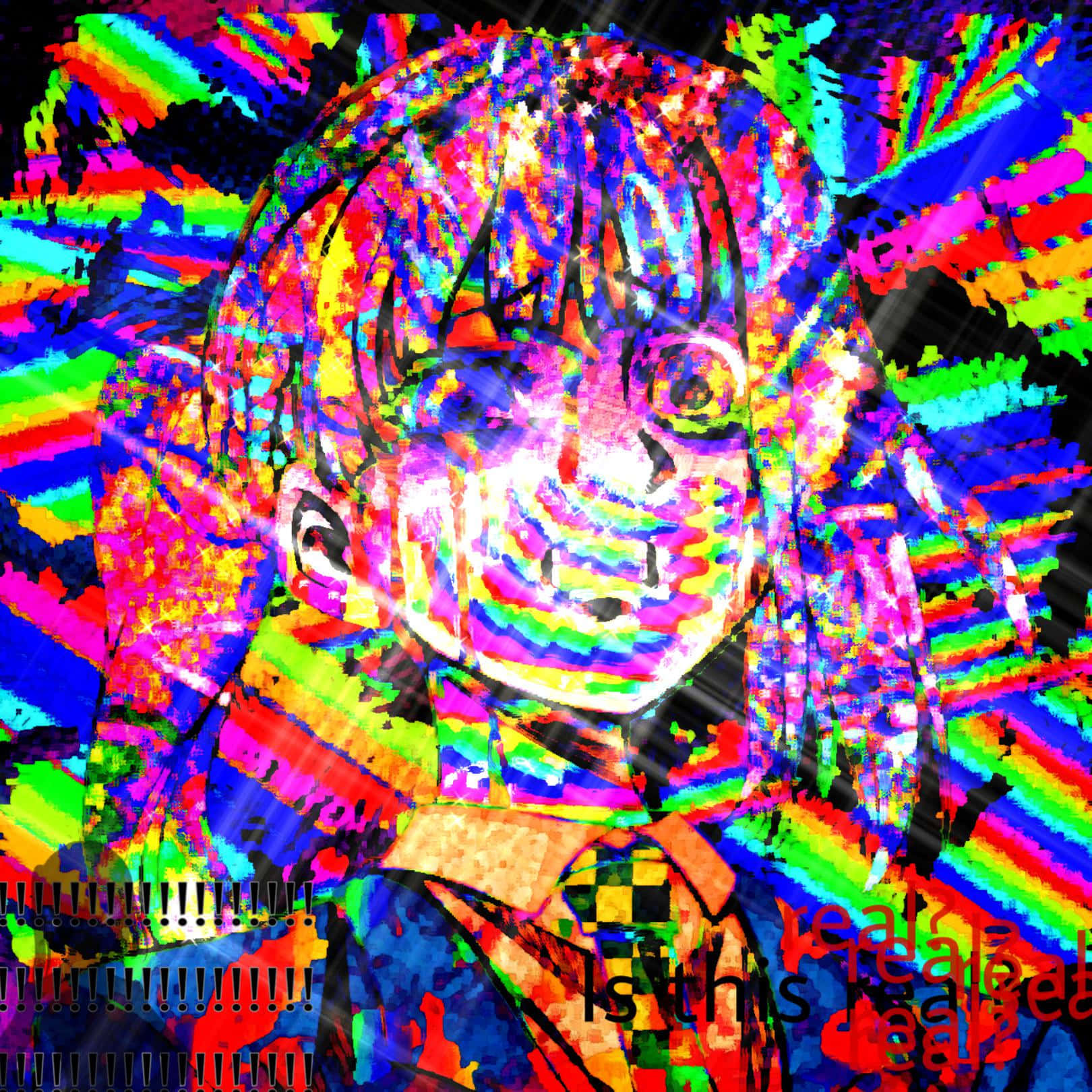 glitch-art anime girl, rainbow pixelated hair, distorted features, HD Desktop Wallpaper