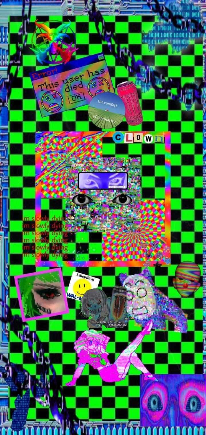 green checkered, glitch art, cartoon characters, HD Phone Wallpaper