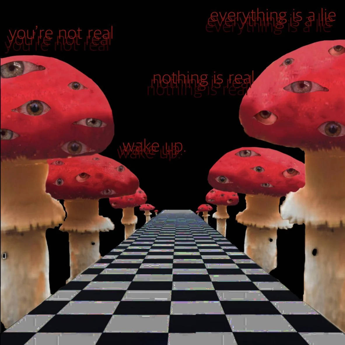 Weirdcore, giant mushrooms, red mushroom-like creatures, SD Desktop Wallpaper