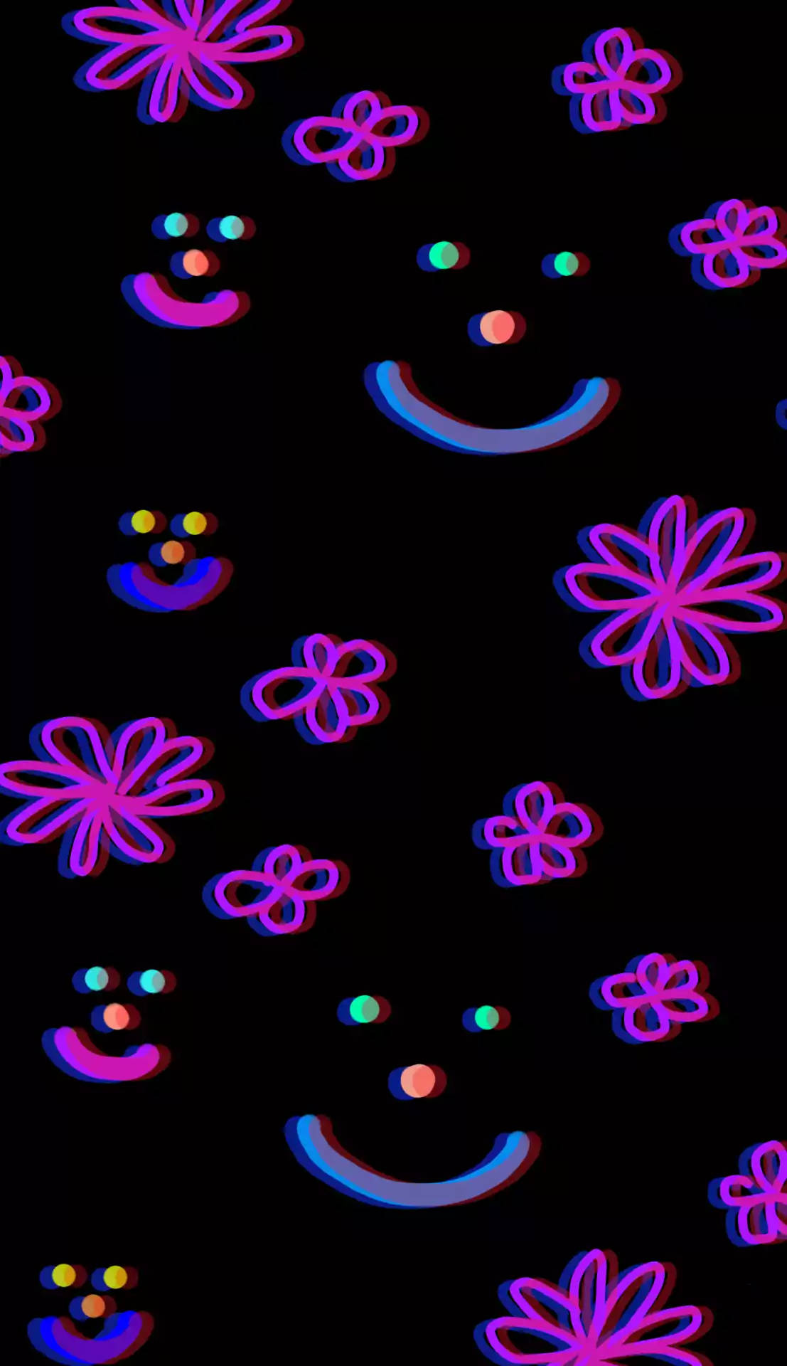 neon pink, blue flowers, smiling faces, Full HD Phone Wallpaper