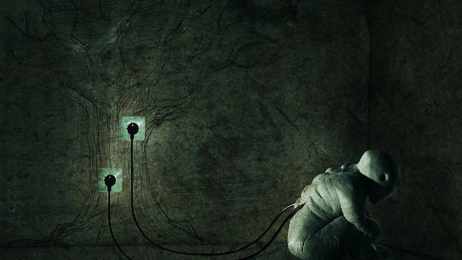 spacesuit, glowing electrical outlets, tendrils of black wire, Full HD Desktop Wallpaper