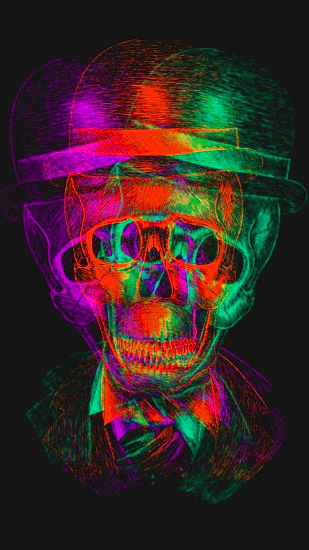 Weirdcore, neon-colored skull, top hat, Full HD Phone Wallpaper