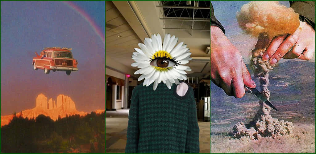 surreal triptych, van floats under a rainbow over red rock, person wears a daisy with an eye, SD Desktop Wallpaper
