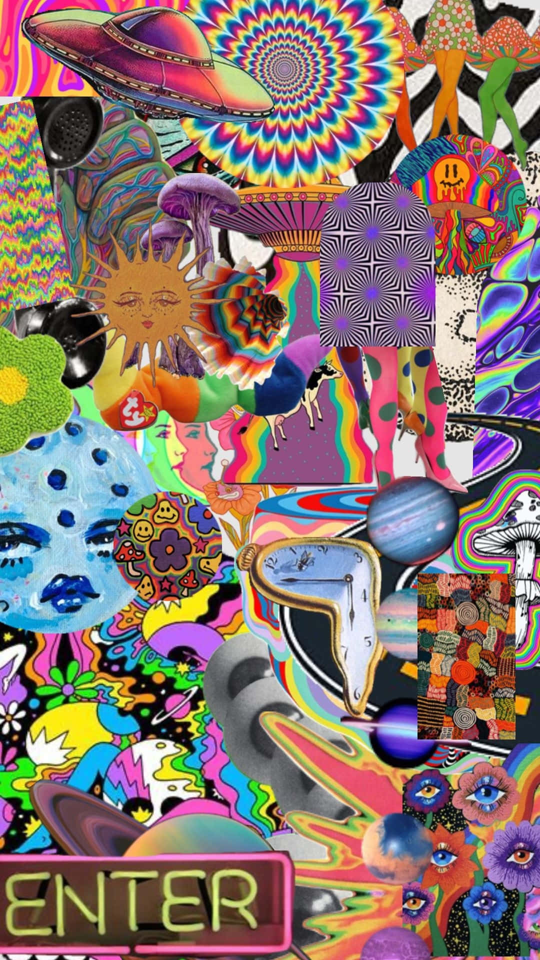 Weirdcore, psychedelic collage, swirling patterns, Full HD Phone Wallpaper