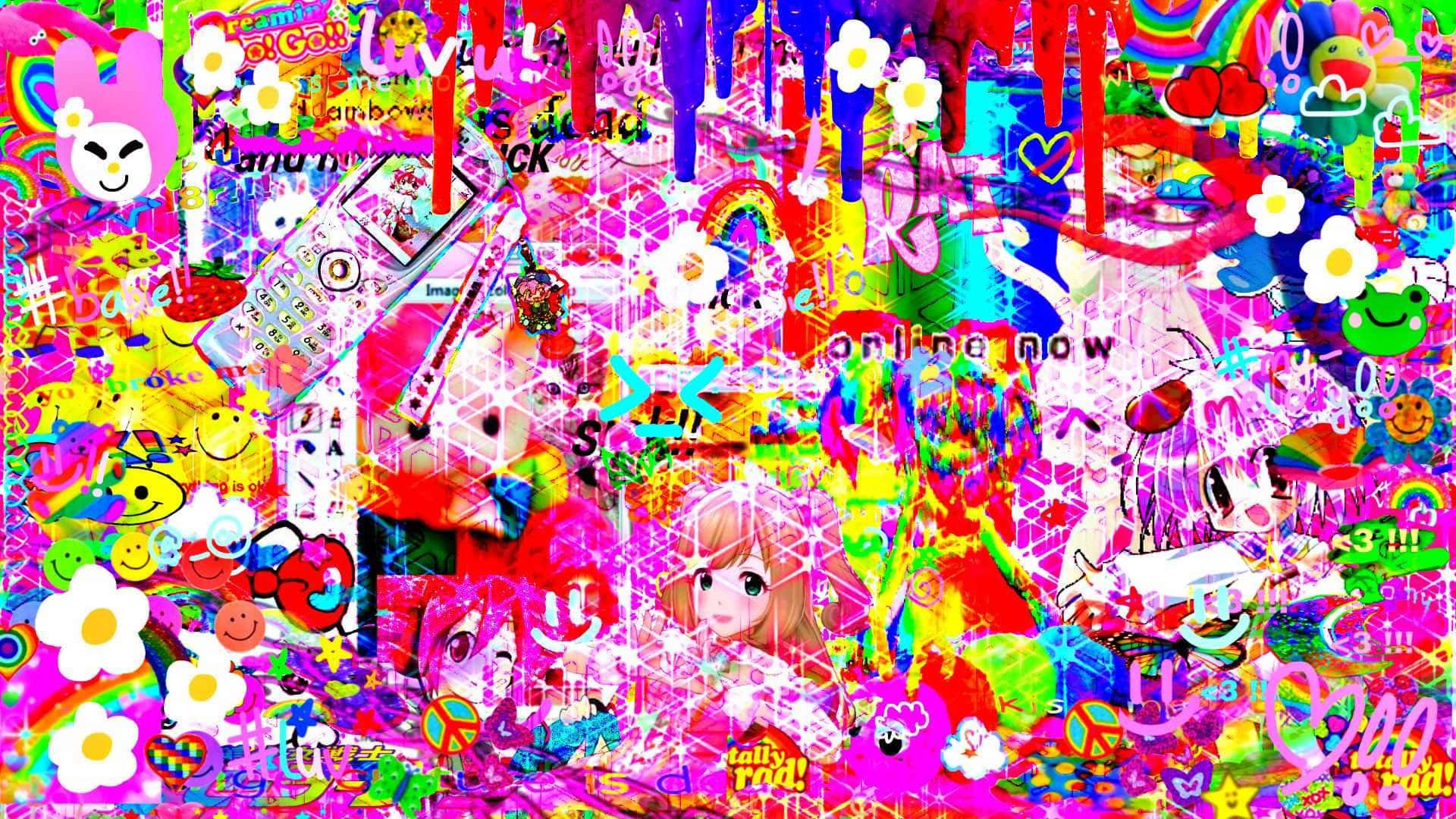 neon pink, rainbows, anime characters, Full HD Desktop Wallpaper