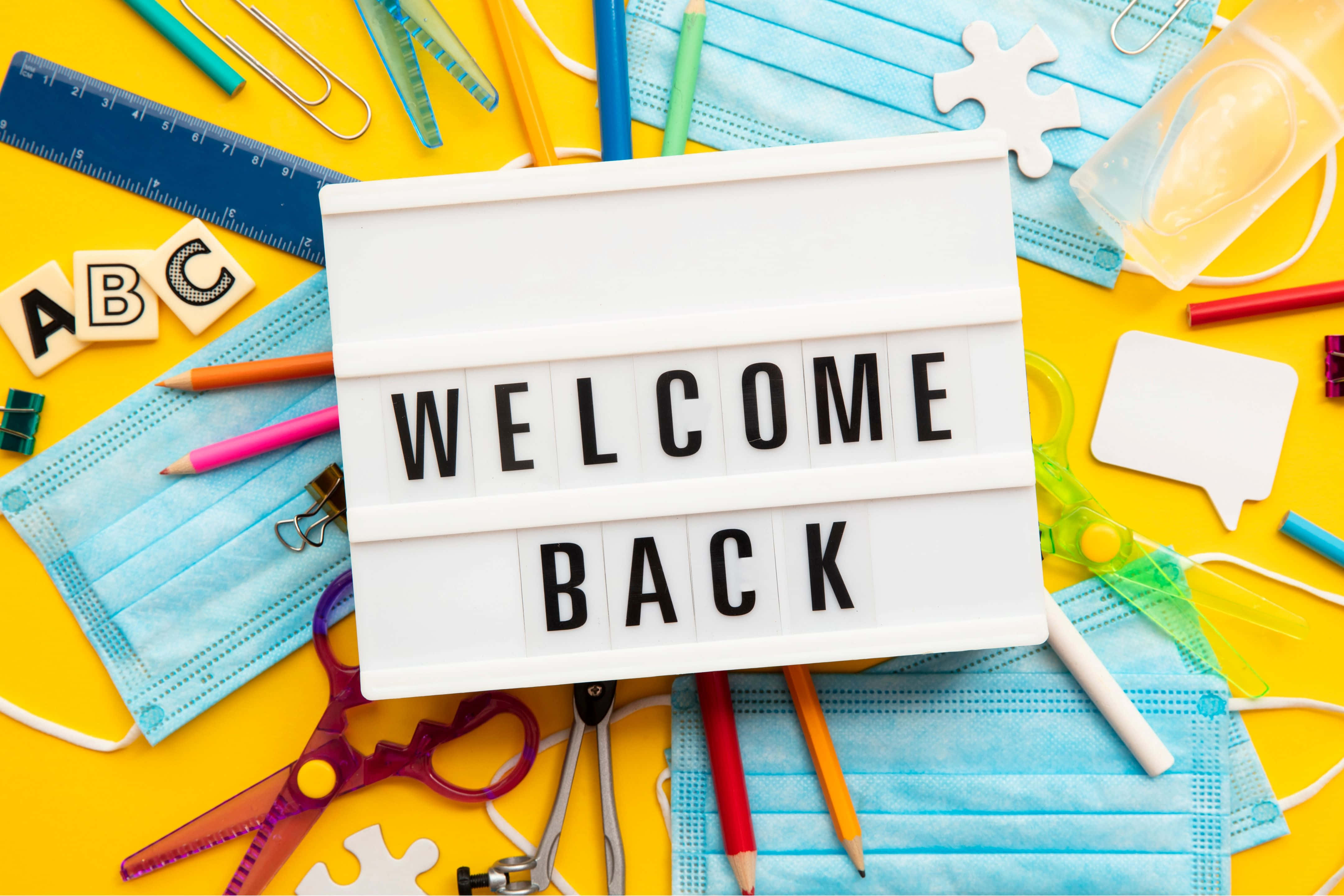 WELCOME BACK, school supplies, blue face masks, 4K Desktop Wallpaper