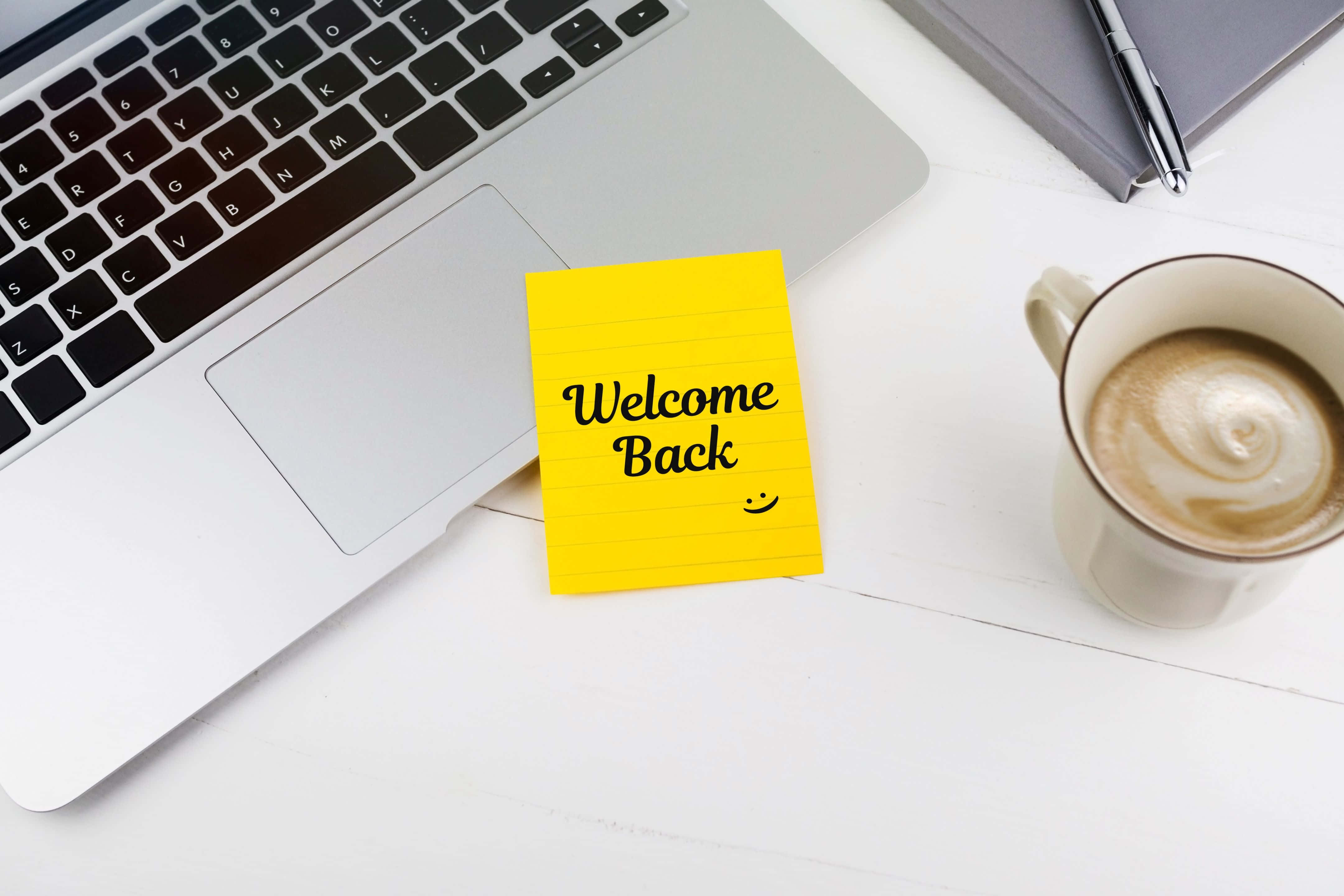 Welcome Back, yellow sticky note, smiley face, 4K Desktop Wallpaper