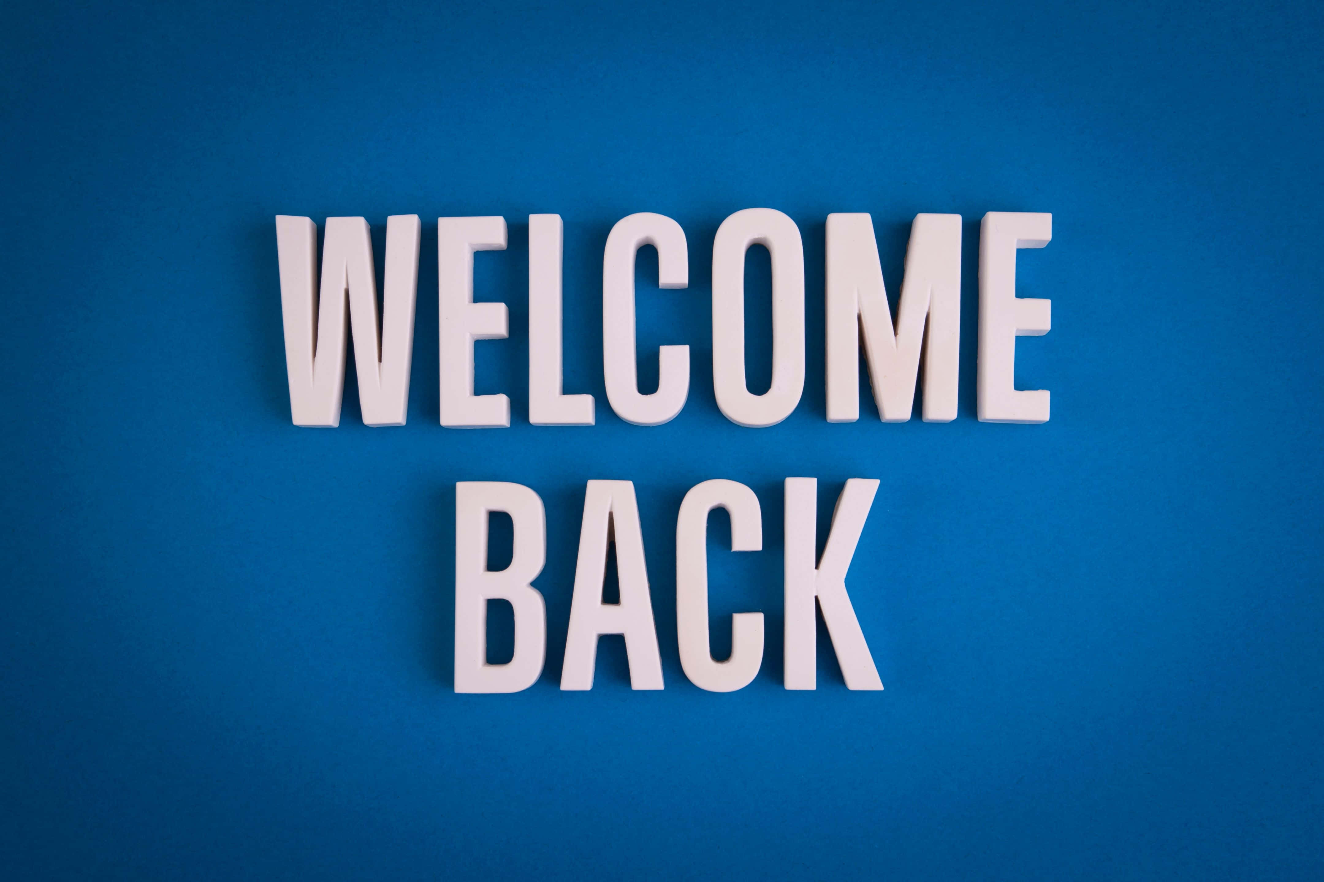 Welcome Back, white 3d letters, solid blue background, 4K Desktop Wallpaper