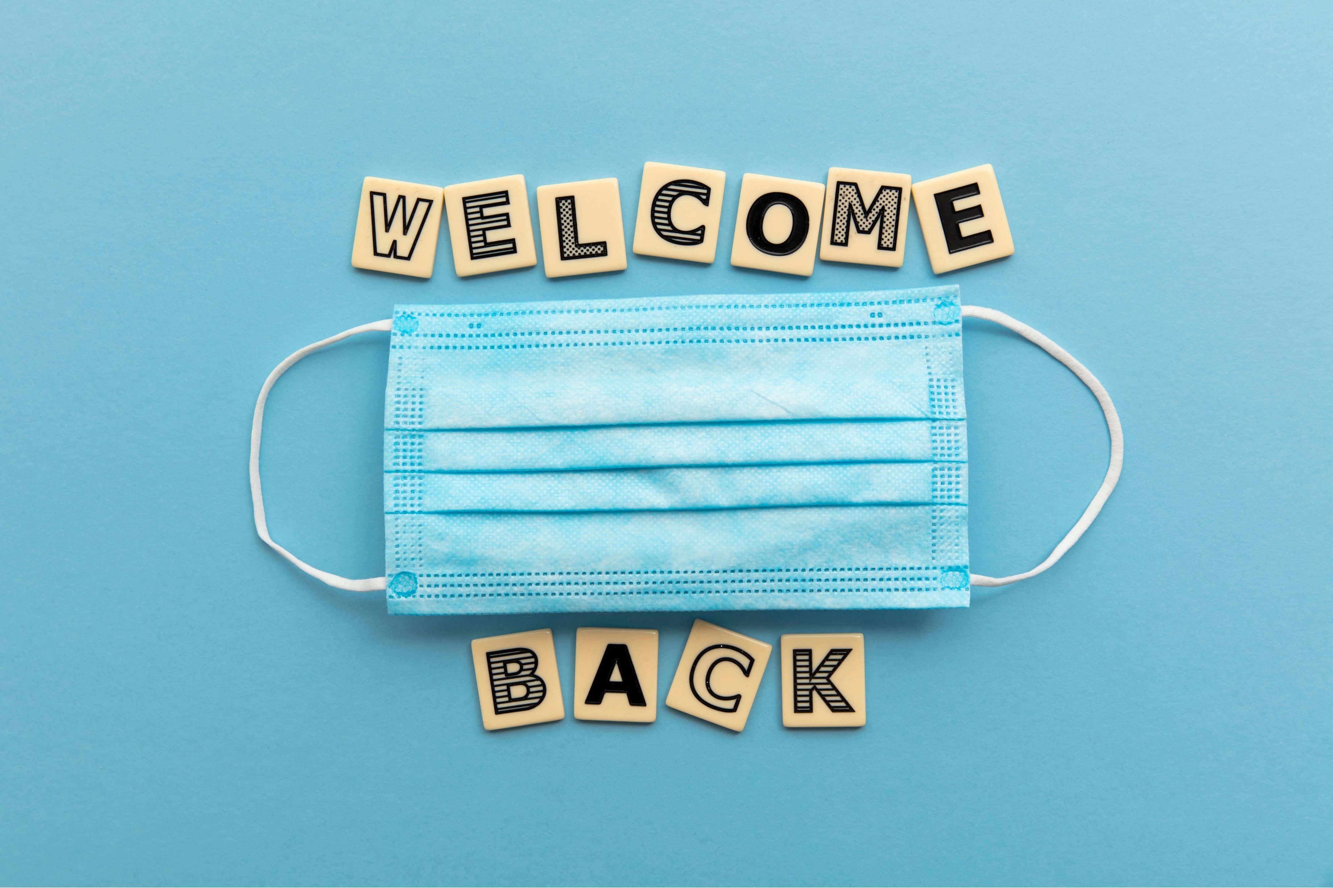 light blue surgical mask, WELCOME, BACK, 4K Desktop Wallpaper