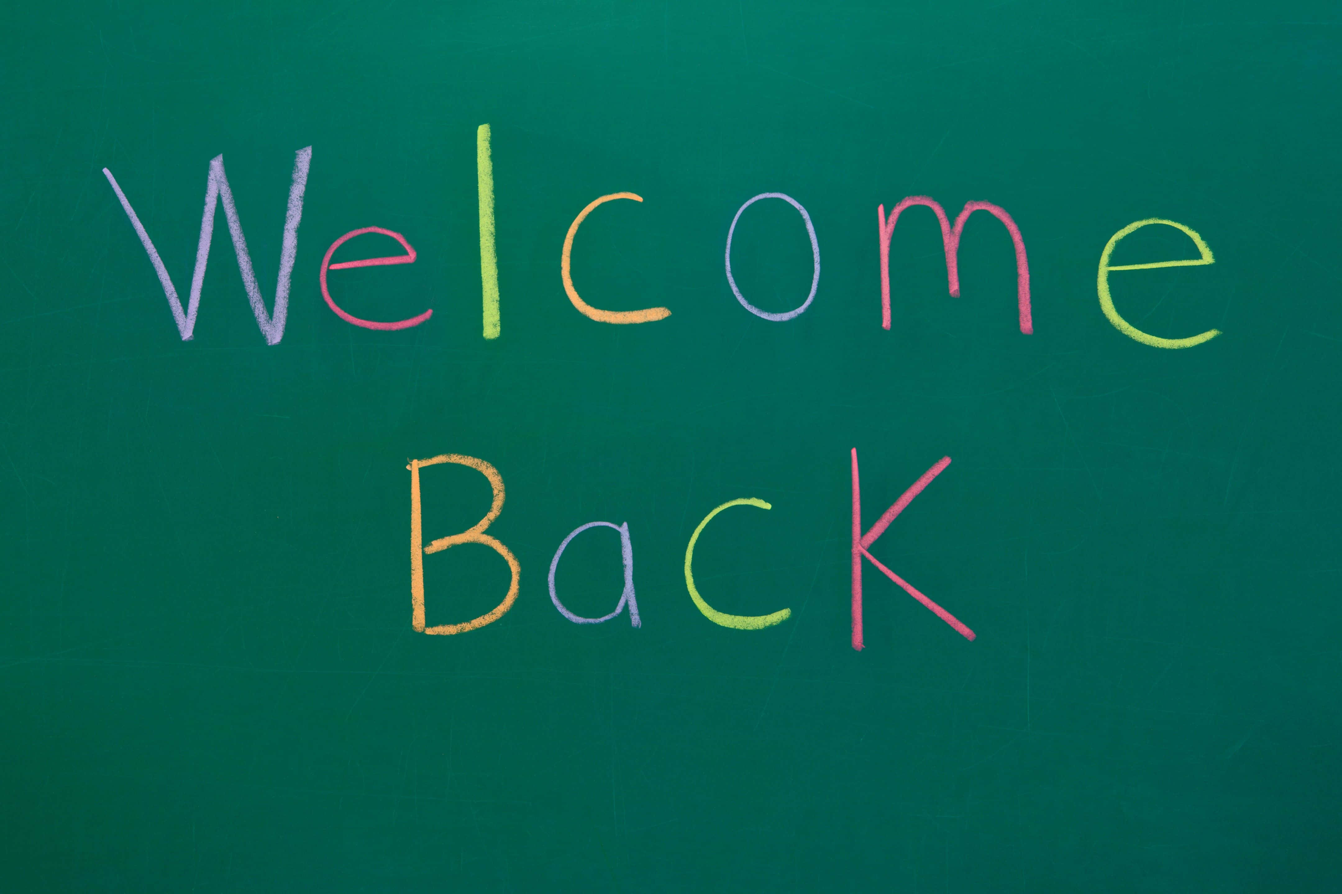 Welcome Back, chalk letters, green chalkboard, 4K Desktop Wallpaper
