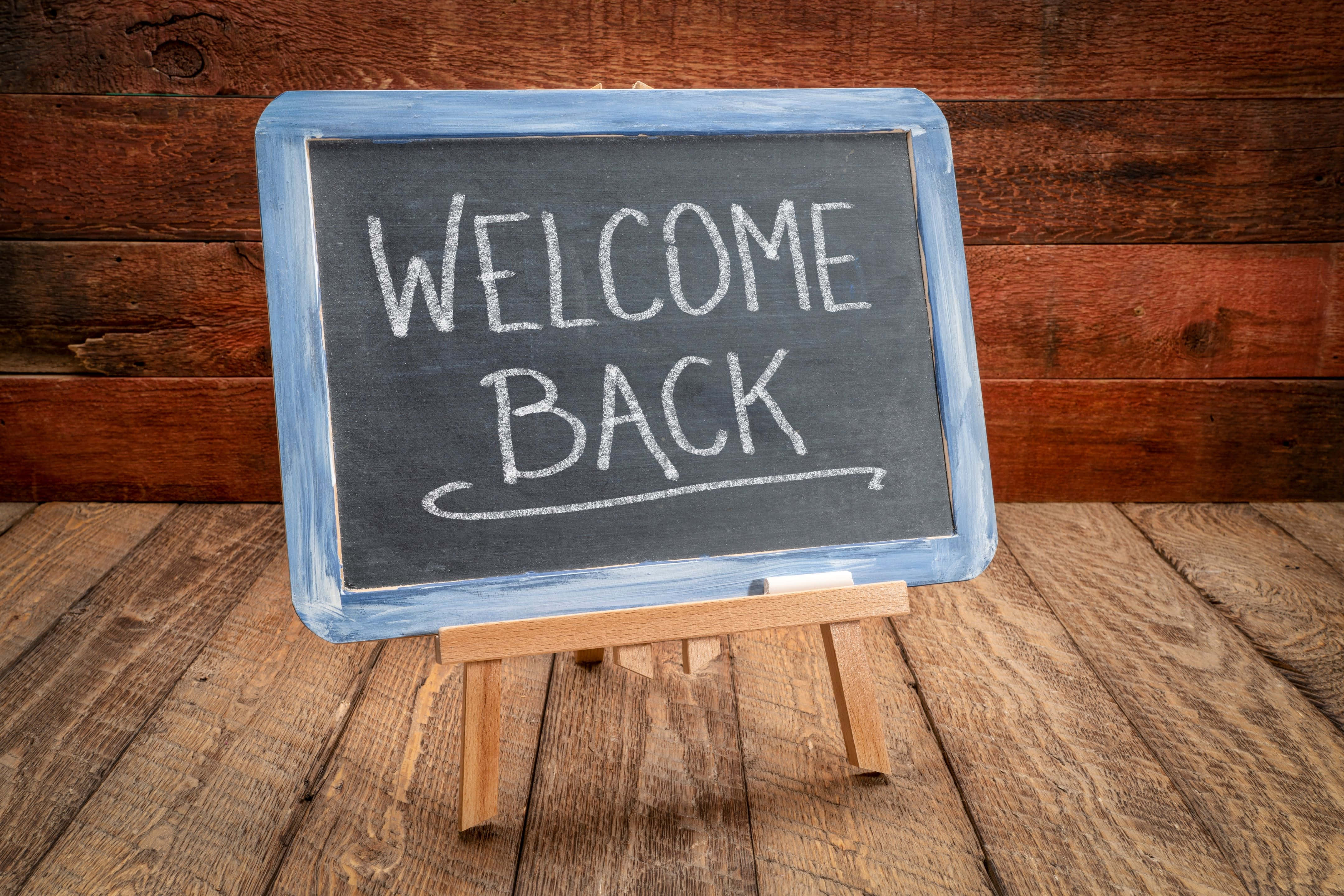 Welcome Back, chalkboard, white chalk, 4K Desktop Wallpaper