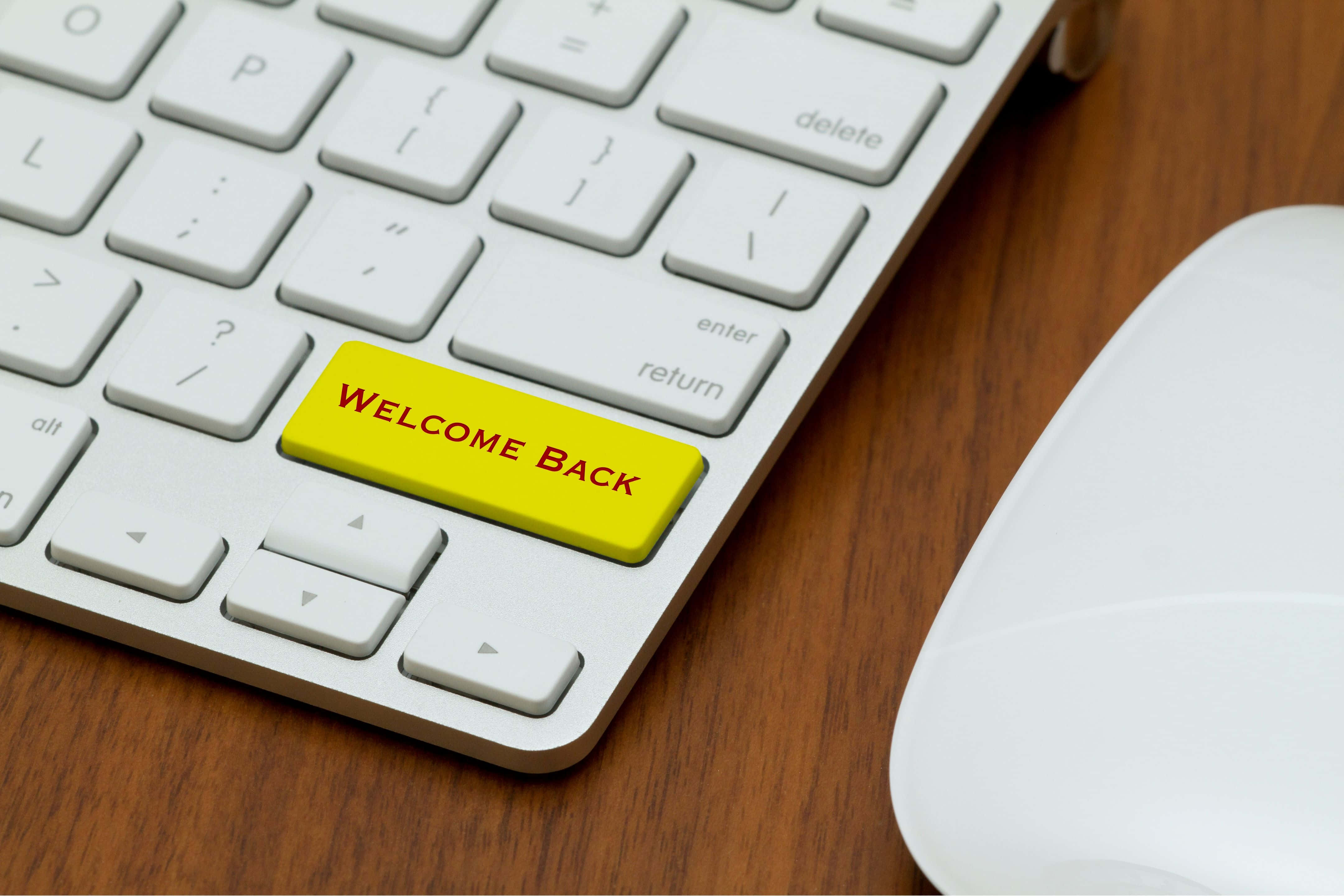 WELCOME BACK, silver keyboard, bright yellow key, 4K Desktop Wallpaper