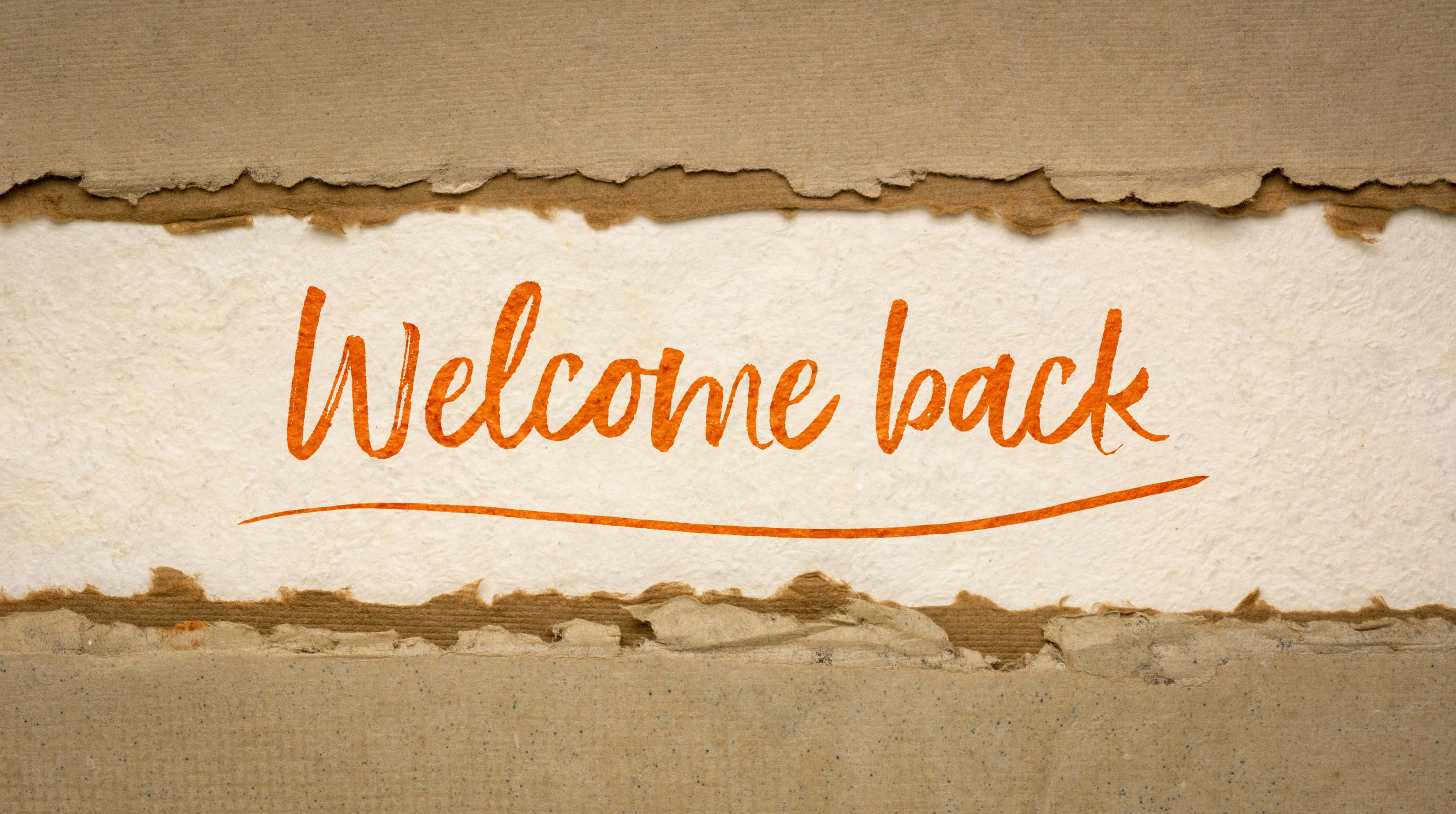 Welcome Back, torn brown paper, white textured surface, 4K Desktop Wallpaper