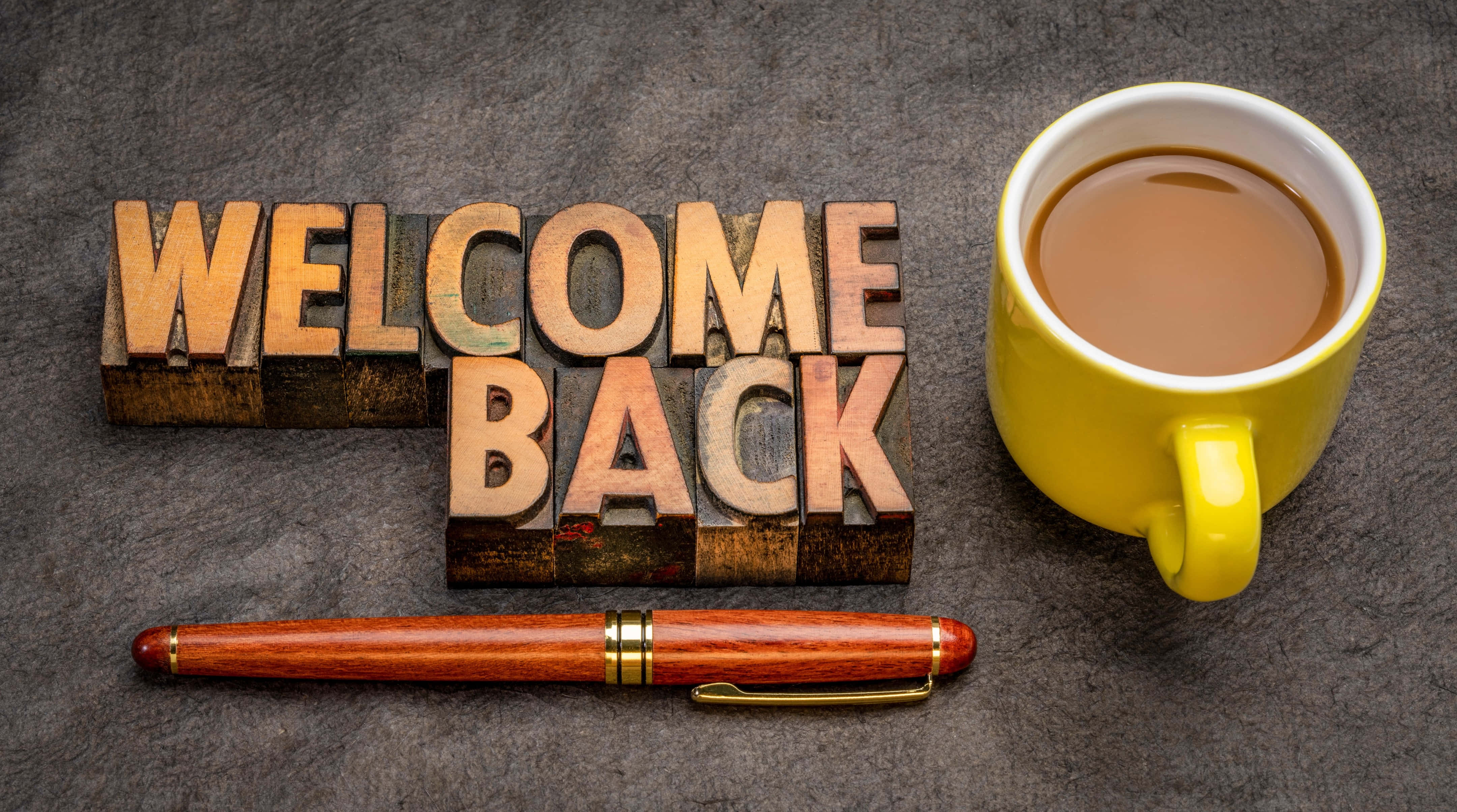 Welcome Back, coffee, pen, 4K Desktop Wallpaper