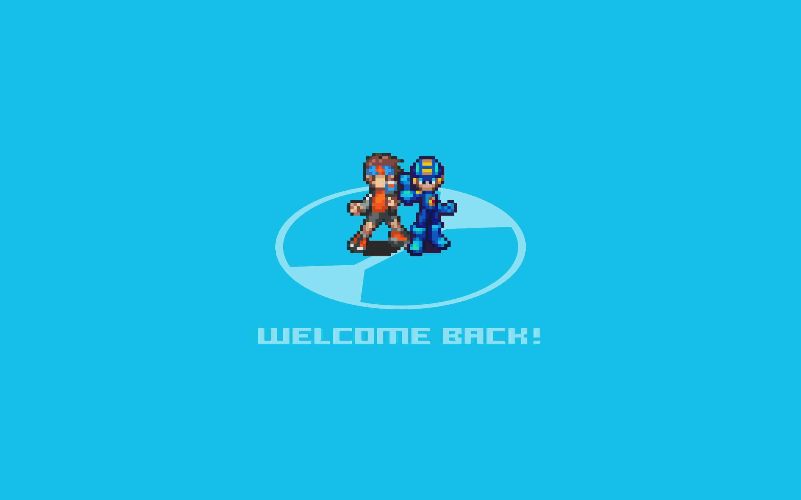 retro game characters, light blue oval, solid cyan background, 2K Desktop Wallpaper