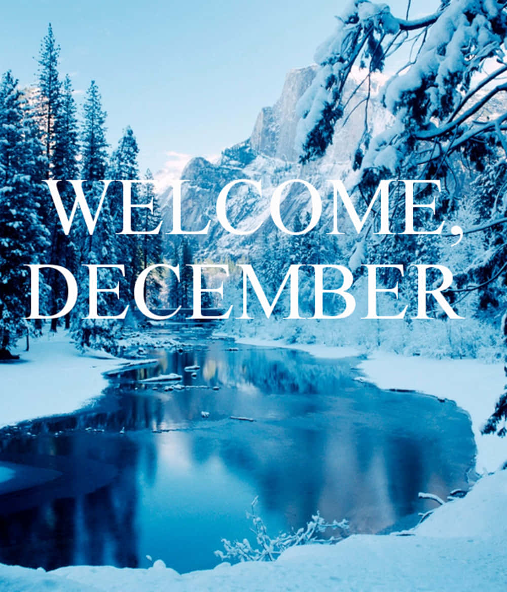 Welcome December, winter mountain lake, snow-covered pine trees, SD Phone Wallpaper