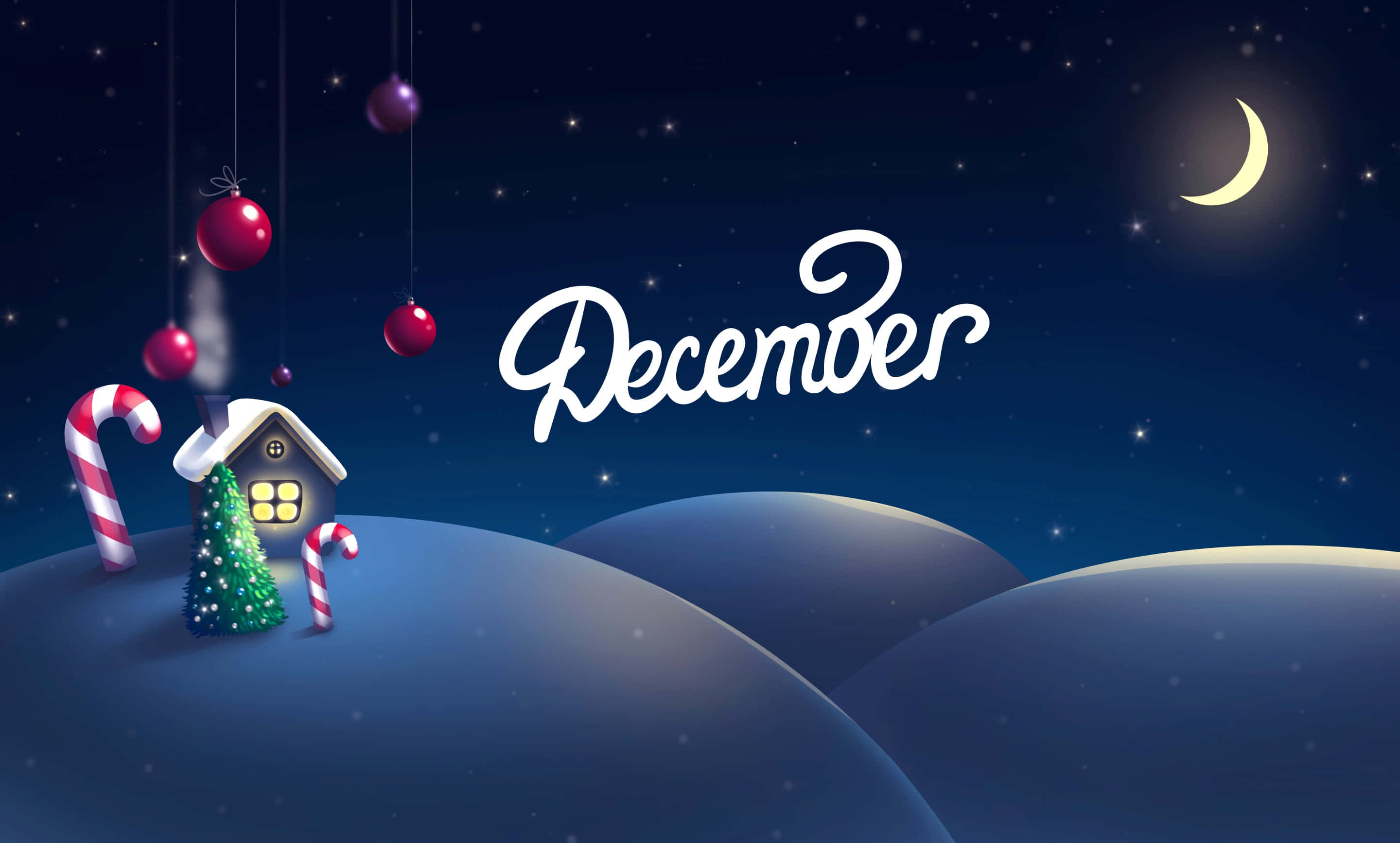 Welcome December, candy canes, Christmas tree, 2K Desktop Wallpaper
