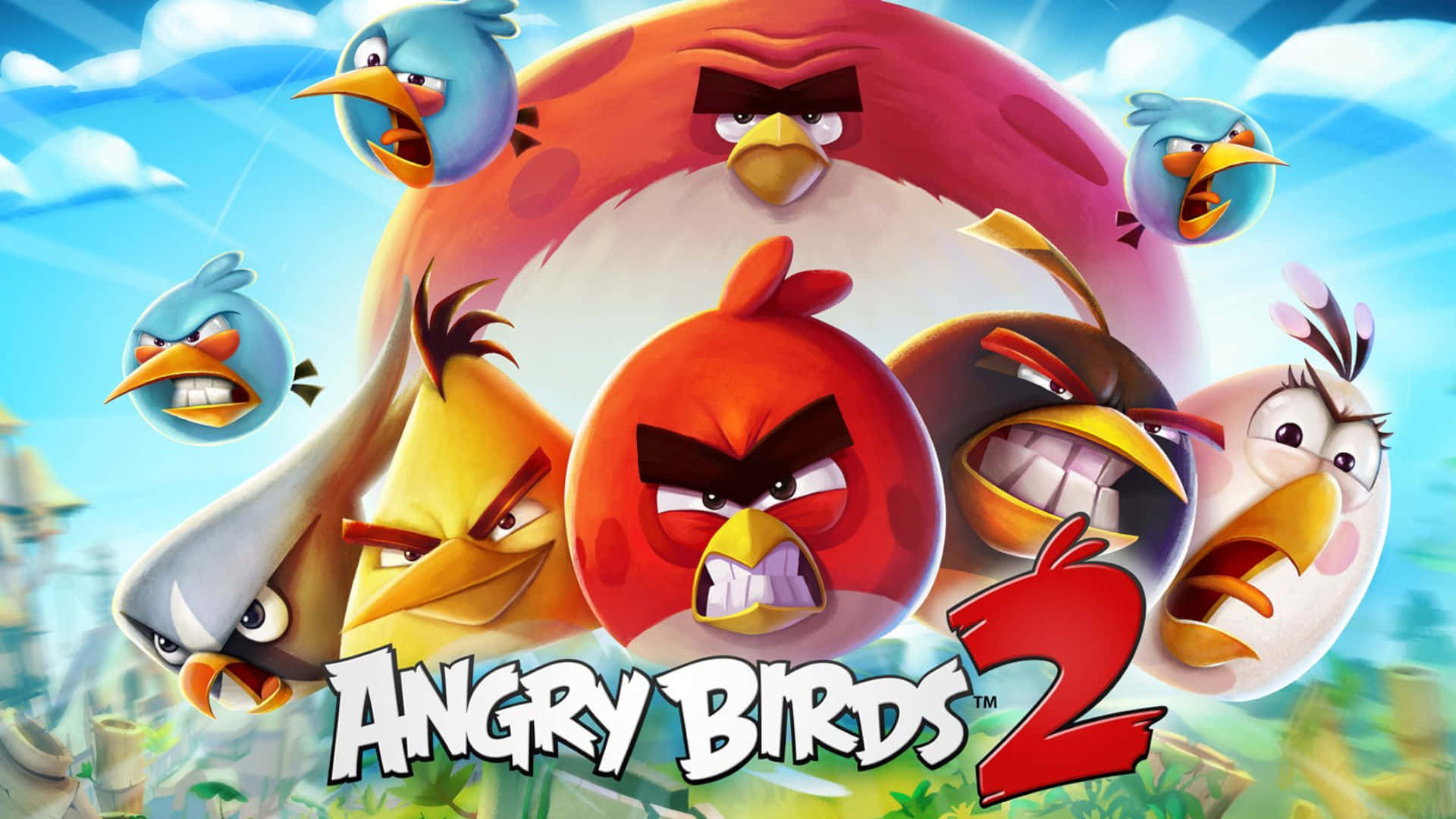 angry cartoon birds, bright blue sky, fluffy clouds, Full HD Desktop Wallpaper
