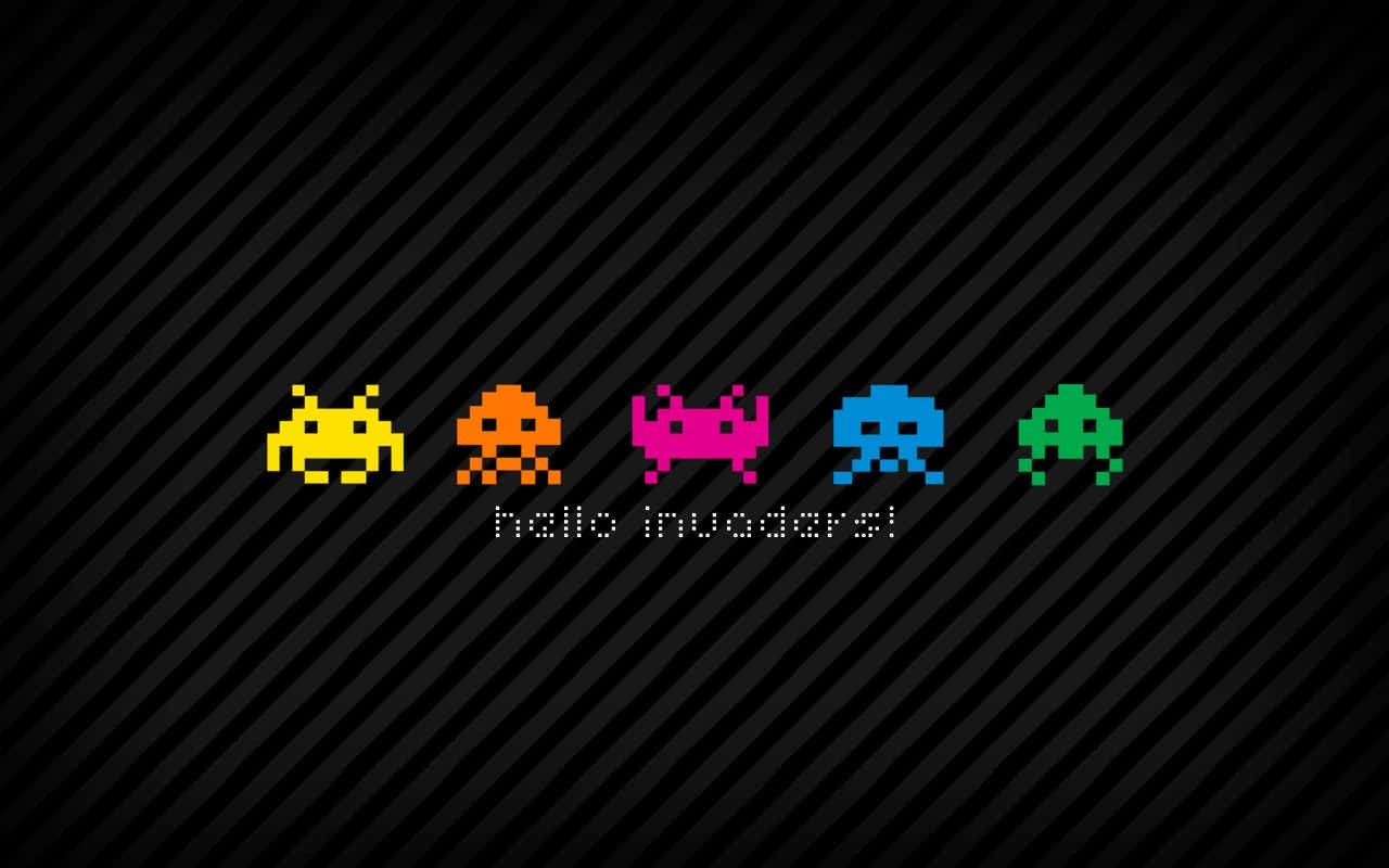 Welcome Gaming, pixelated alien invaders, dark diagonal striped background, HD Desktop Wallpaper