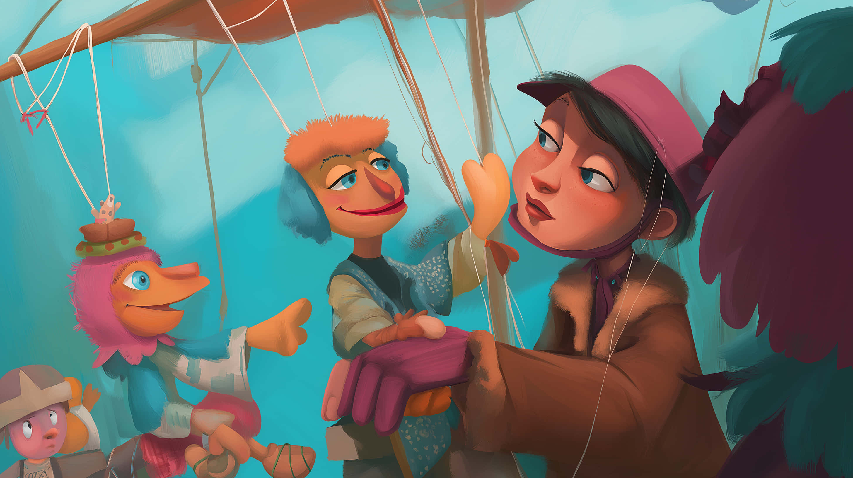 puppeteer, pink hat, colorful puppets, 2K Desktop Wallpaper