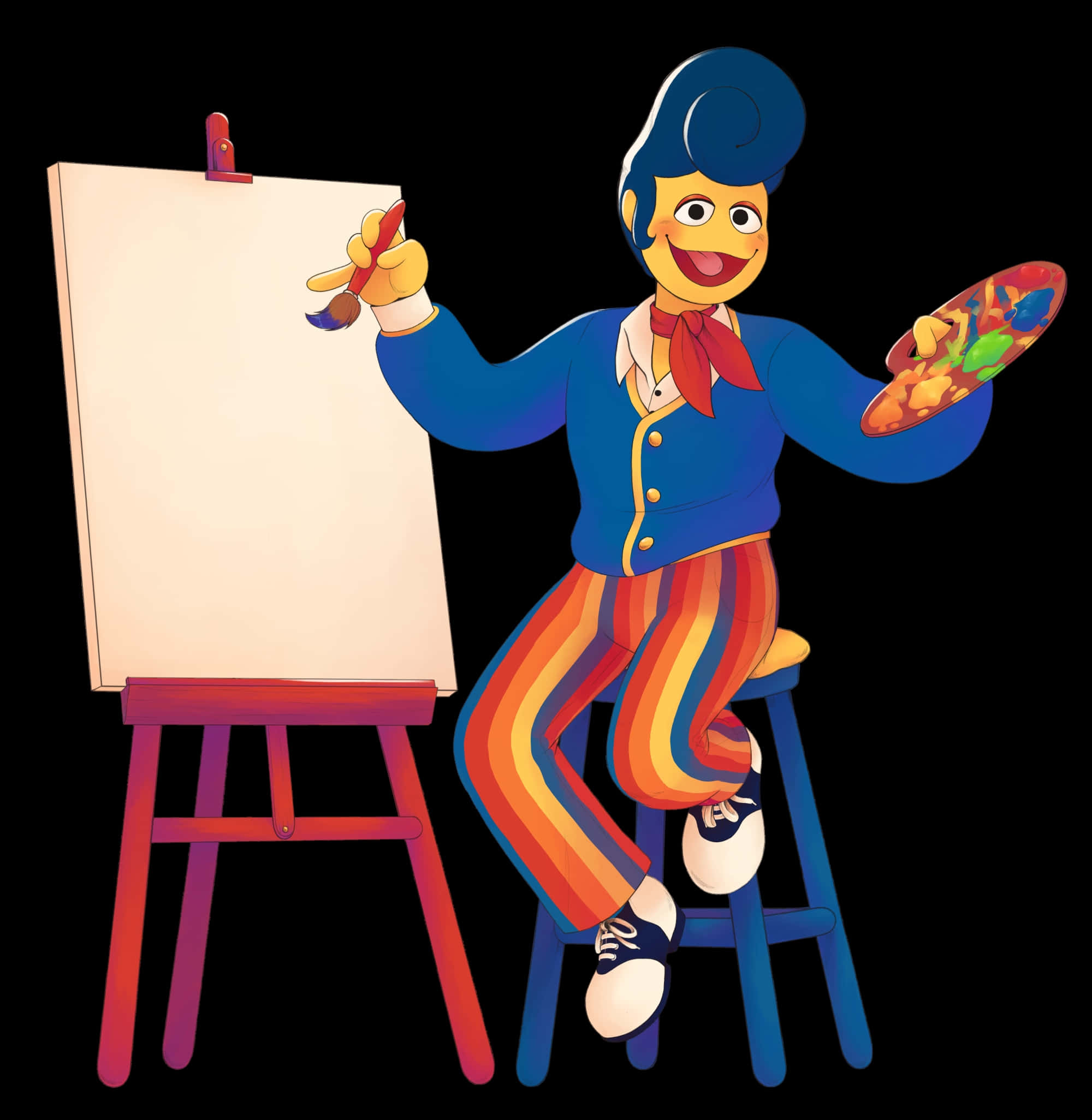 colorful puppet painter, blue wig, rainbow pants, Full HD Phone Wallpaper