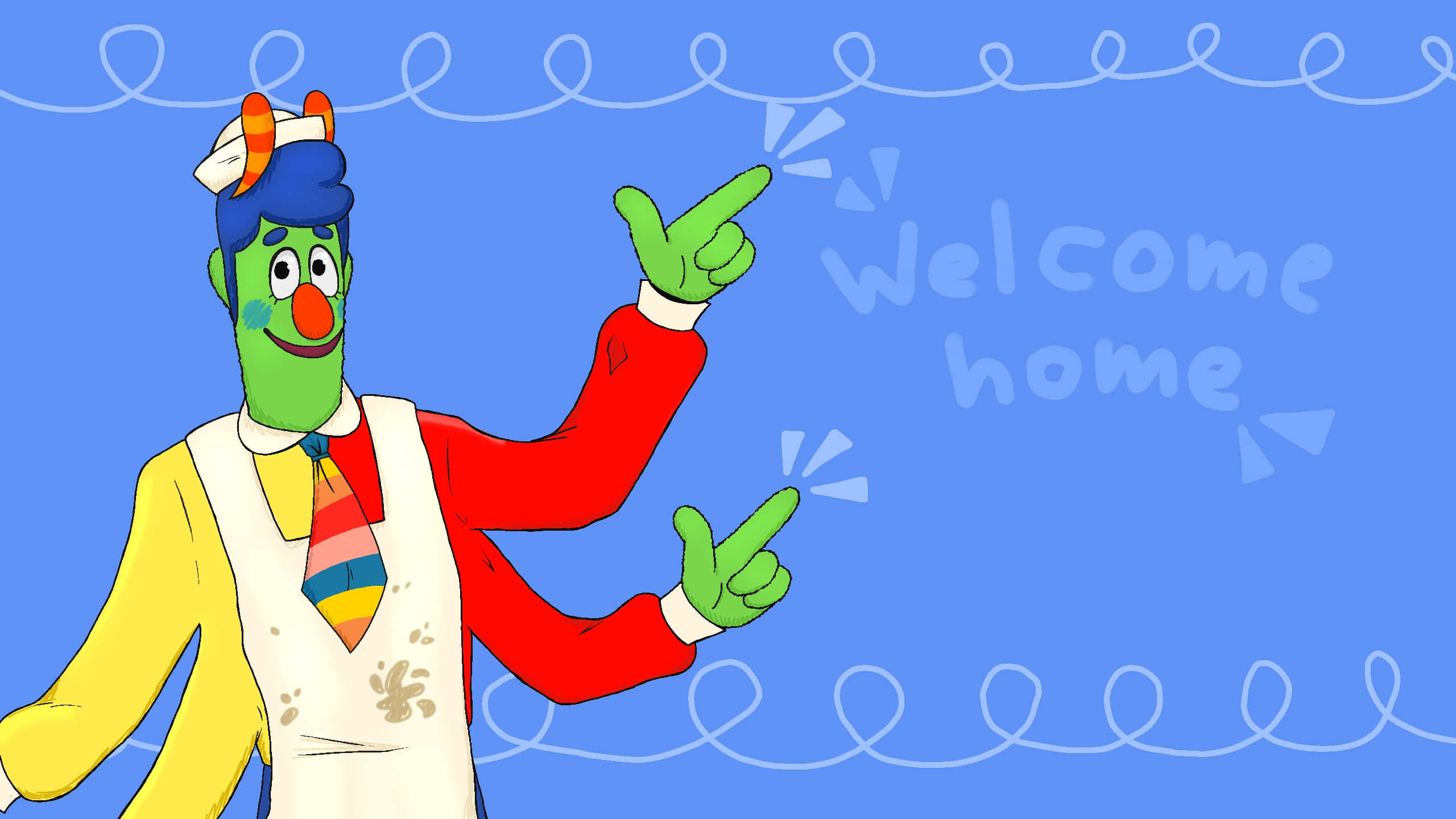 green cartoon character, yellow shirt, red sleeves, 2K Desktop Wallpaper