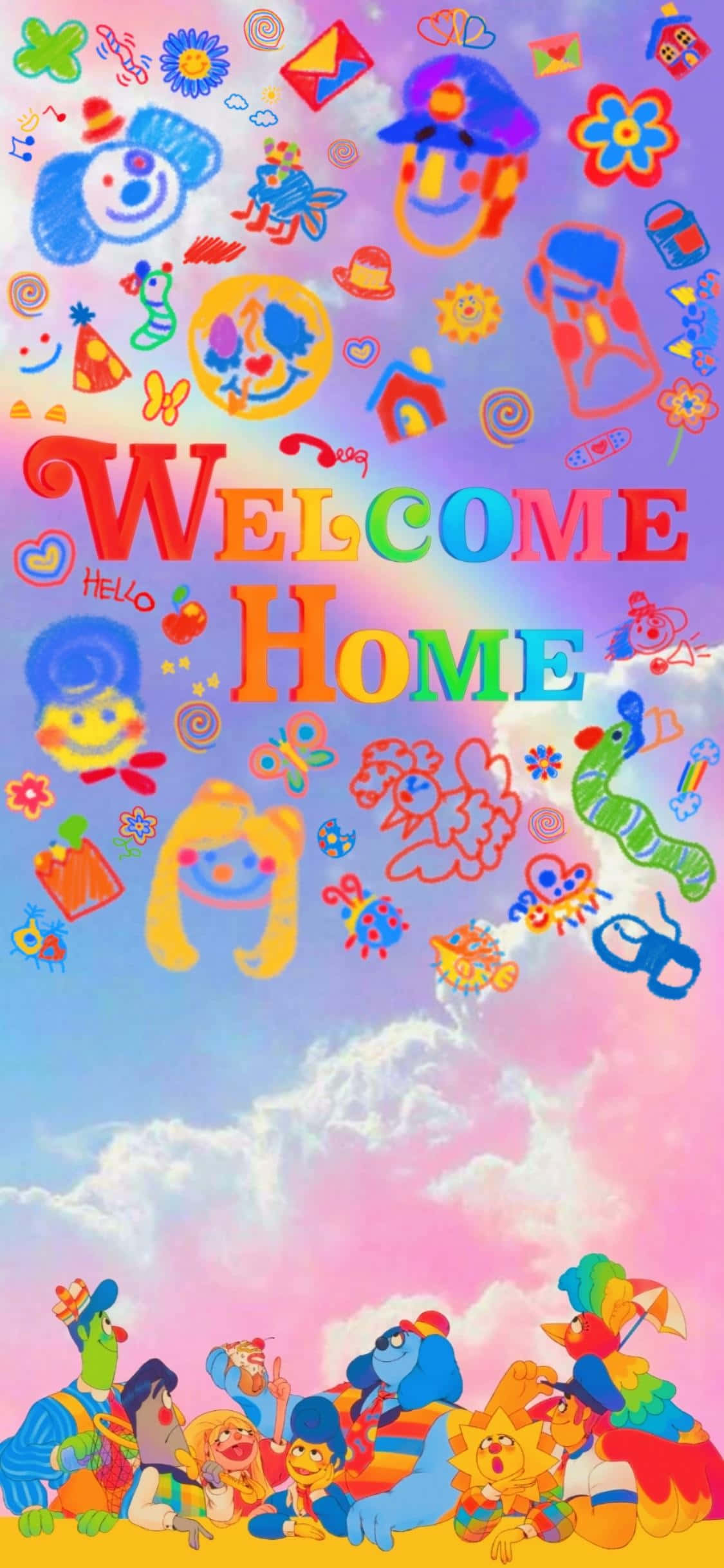Welcome Home Puppet Show, pastel sky, colorful cartoon characters, Full HD Phone Wallpaper