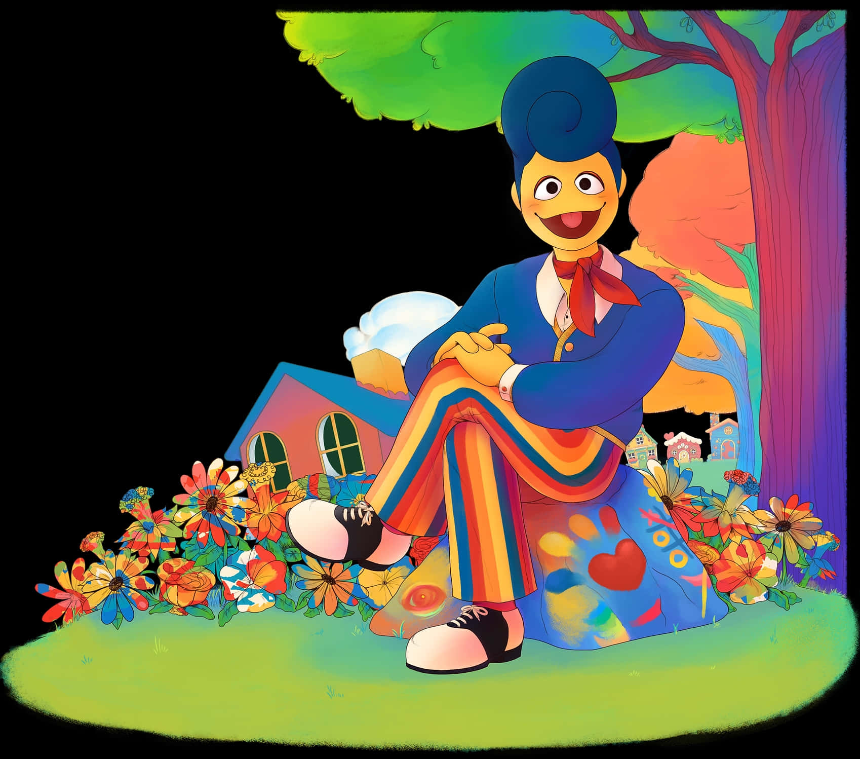 colorful puppet character, blue beehive hairdo, rainbow tree, HD Desktop Wallpaper