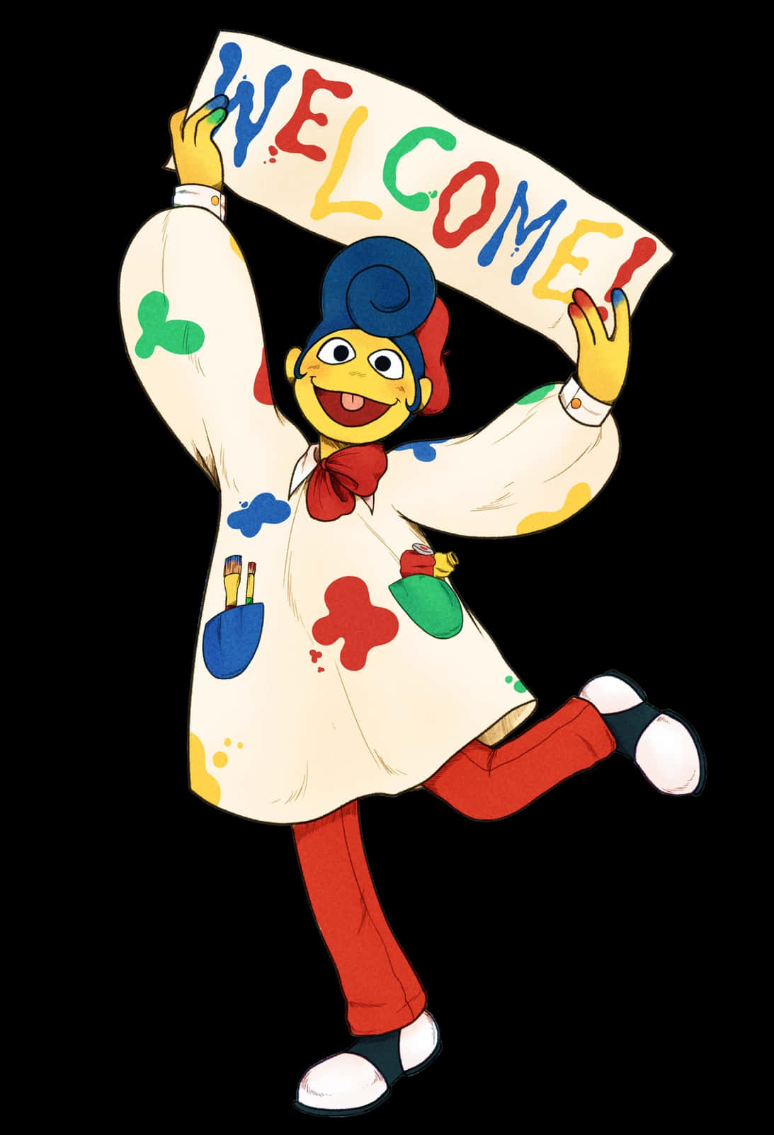 colorful puppet character, paint-splattered coat, colorful welcome sign, HD Phone Wallpaper