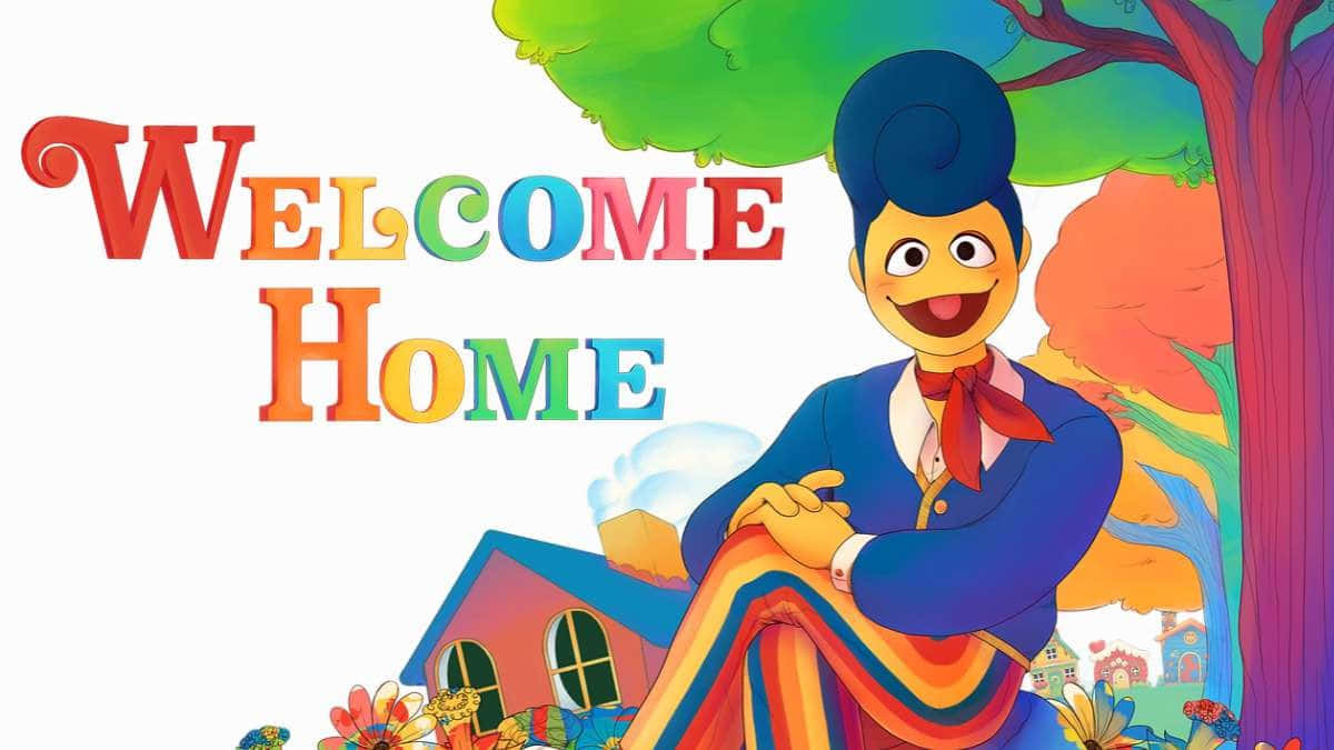 cartoon character, blue beehive hairdo, rainbow tree, SD Desktop Wallpaper