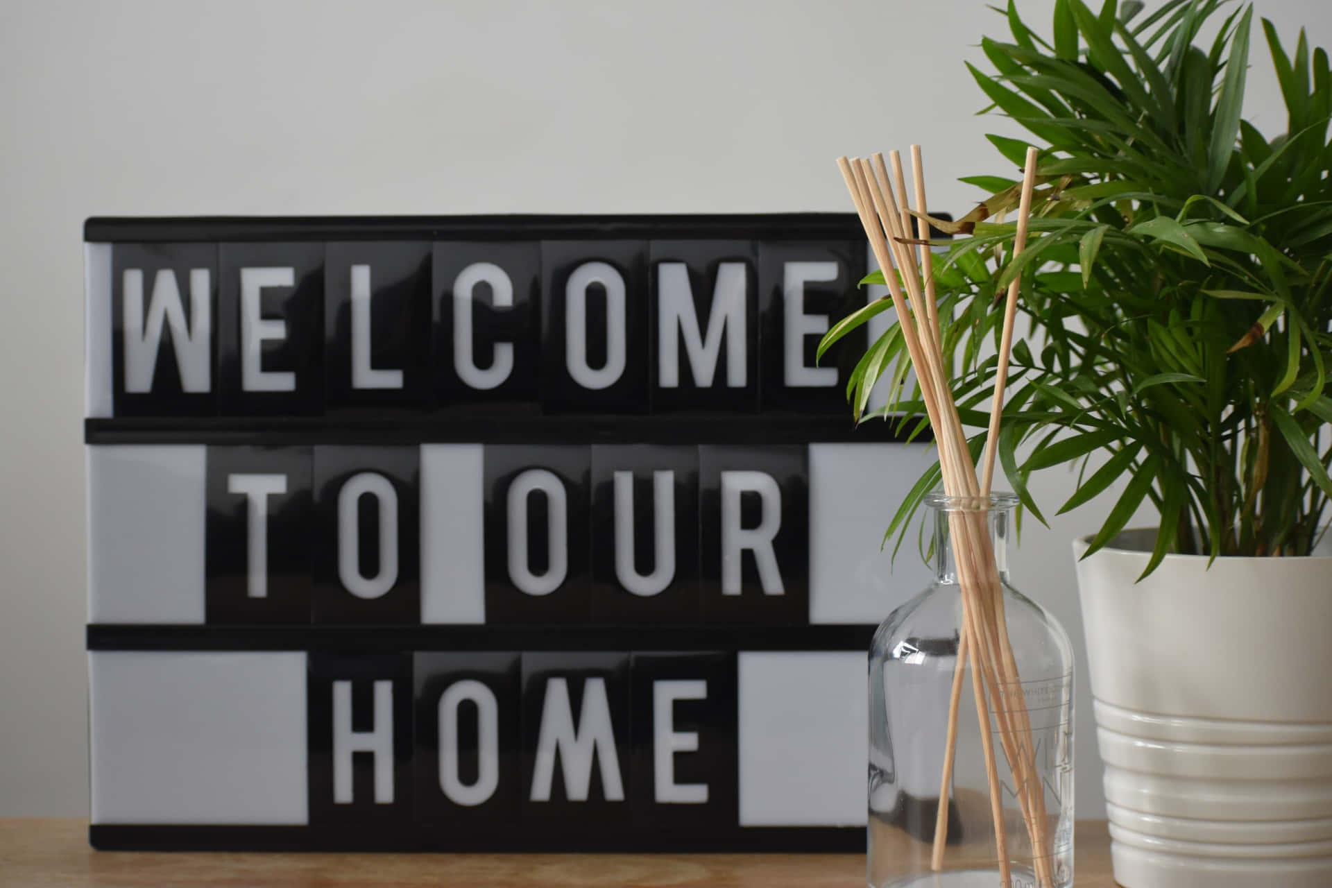 Welcome Home Decor Sign, black lightbox, white letters, Full HD Desktop Wallpaper